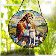 Jesus Hugging Beagle GLASS Suncatcher, Beagle Mom Decor, Dog Mom Suncatcher, Jesus With Dog Decor, Christian HOme Decor, Christian Gift