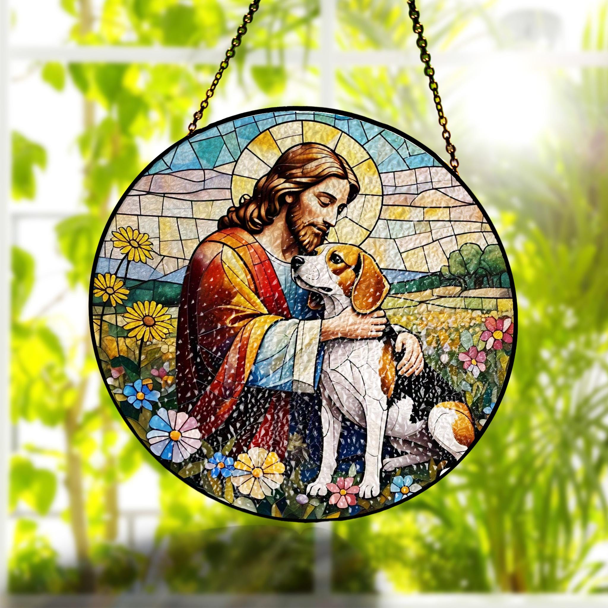 Jesus Hugging Beagle GLASS Suncatcher, Beagle Mom Decor, Dog Mom Suncatcher, Jesus With Dog Decor, Christian HOme Decor, Christian Gift