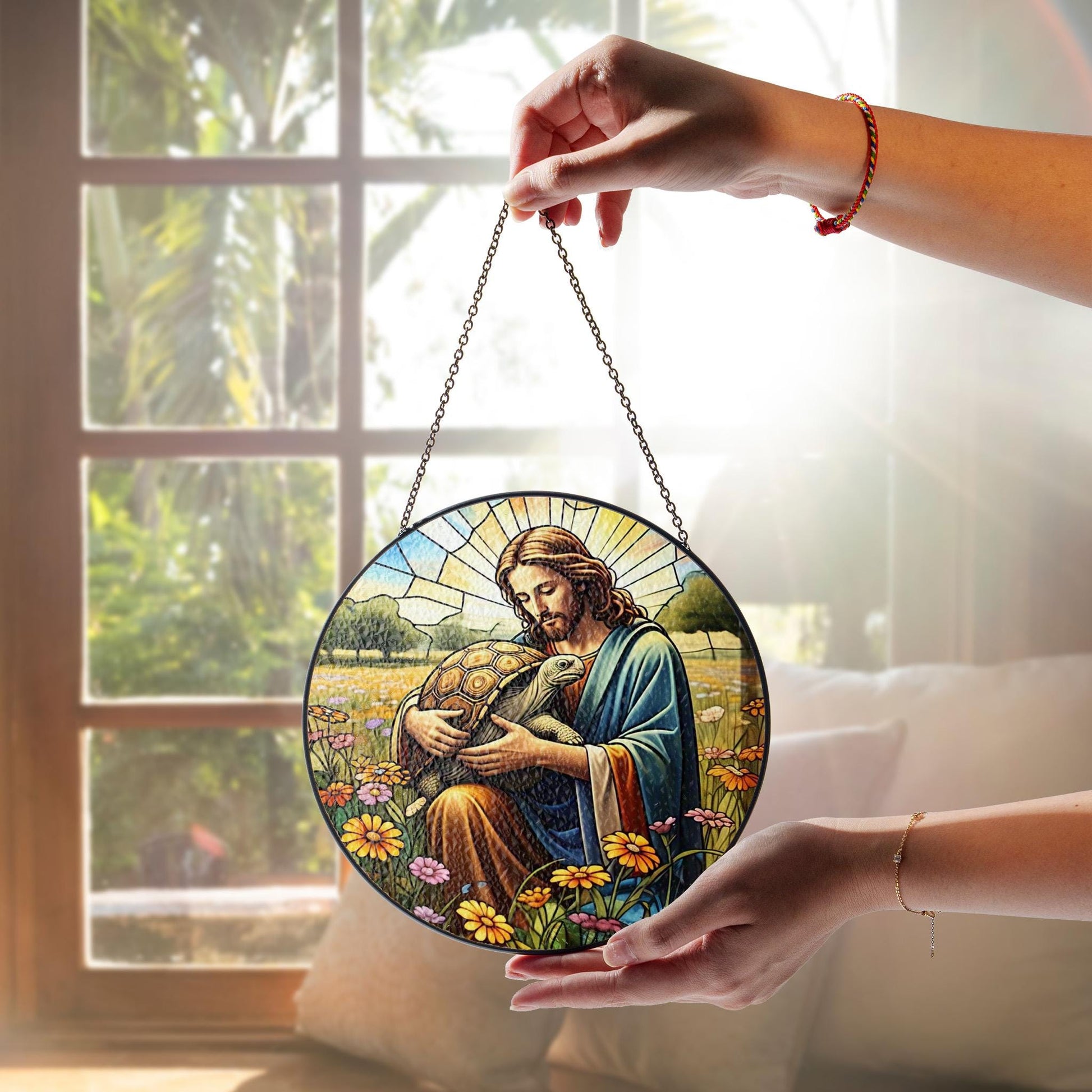 Jesus and Tortoise GLASS suncatcher Hanging, Jesus Christ, Tortoise Lover Decor, Jesus Suncatcher hanging, Jesus decor, Tortoise Gift