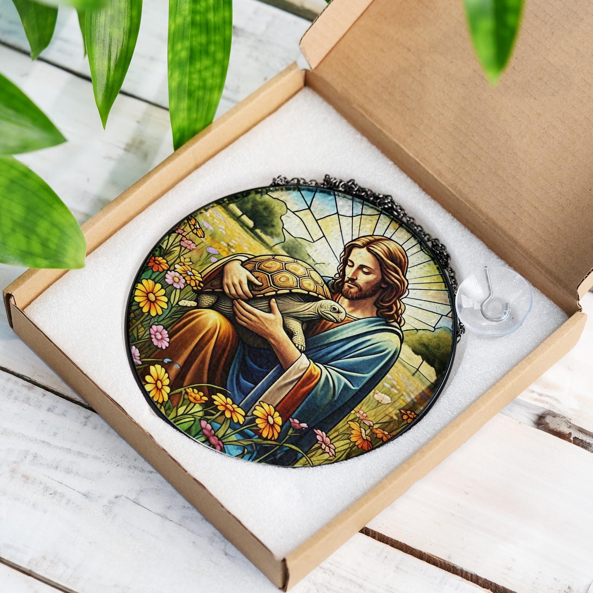 Jesus and Tortoise GLASS suncatcher Hanging, Jesus Christ, Tortoise Lover Decor, Jesus Suncatcher hanging, Jesus decor, Tortoise Gift