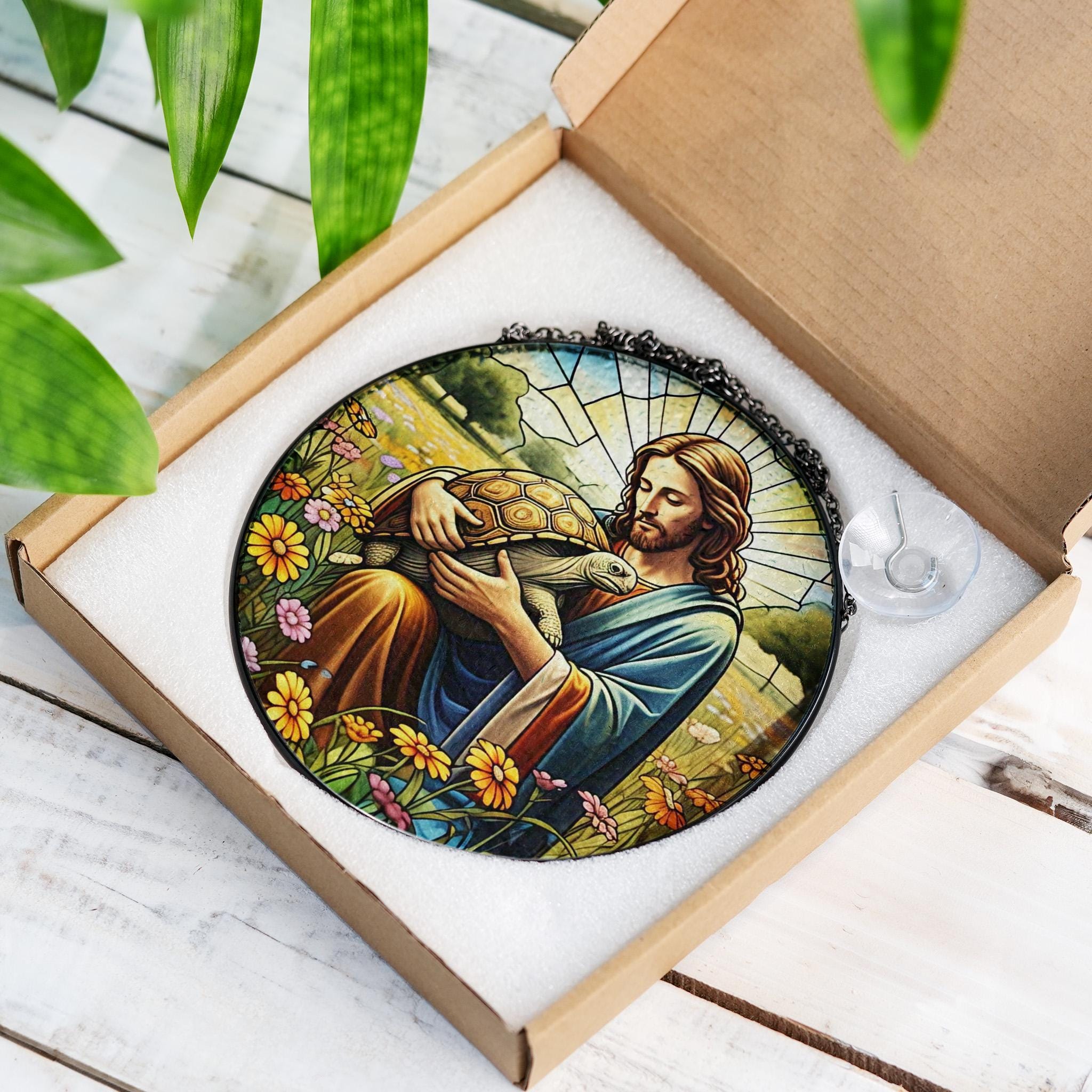 Jesus and Tortoise GLASS suncatcher Hanging, Jesus Christ, Tortoise Lover Decor, Jesus Suncatcher hanging, Jesus decor, Tortoise Gift
