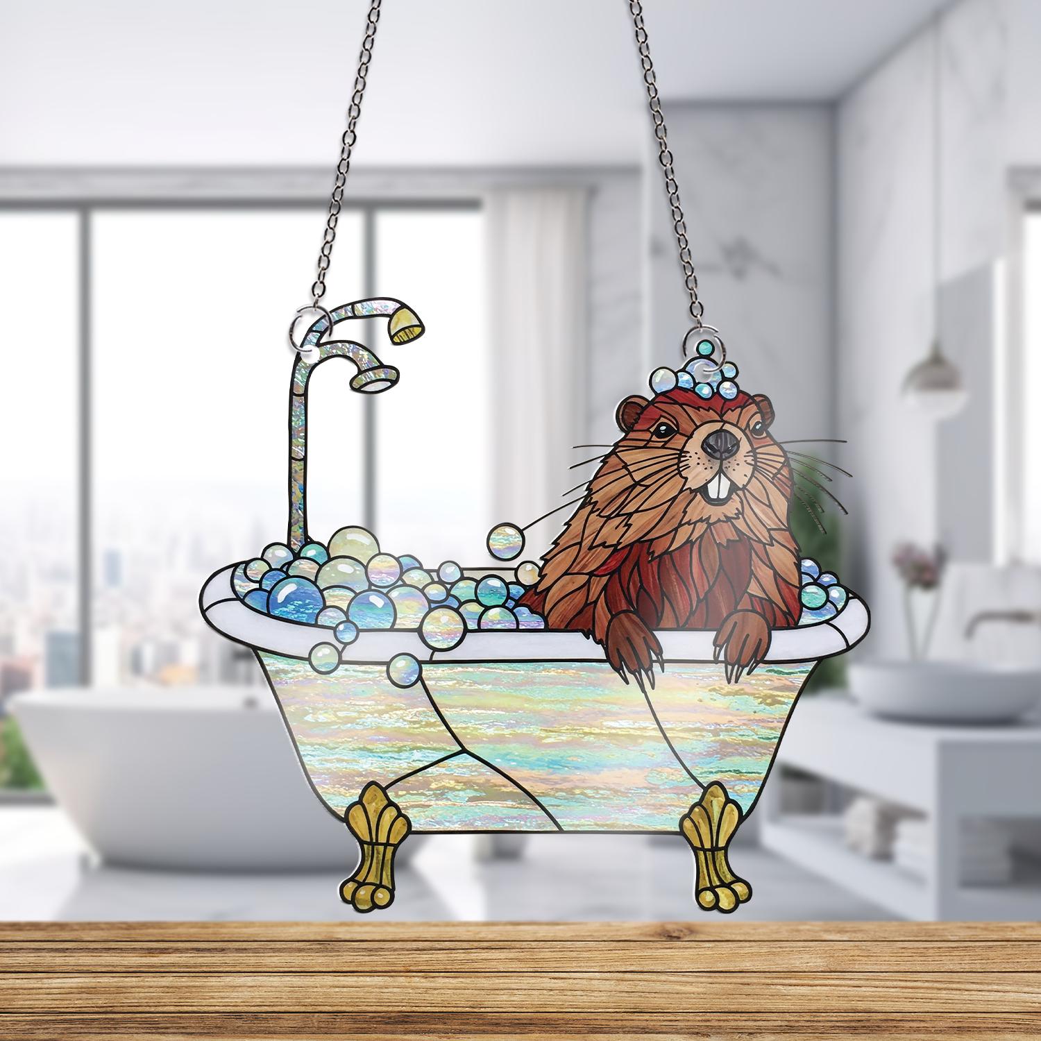Groundhog Chilling In Bathtub ACRYLIC Window Hanging, Groundhog Lover Decor, Funny Bathroom Decor, Animal Decor, Gift For Her, Animal Gift