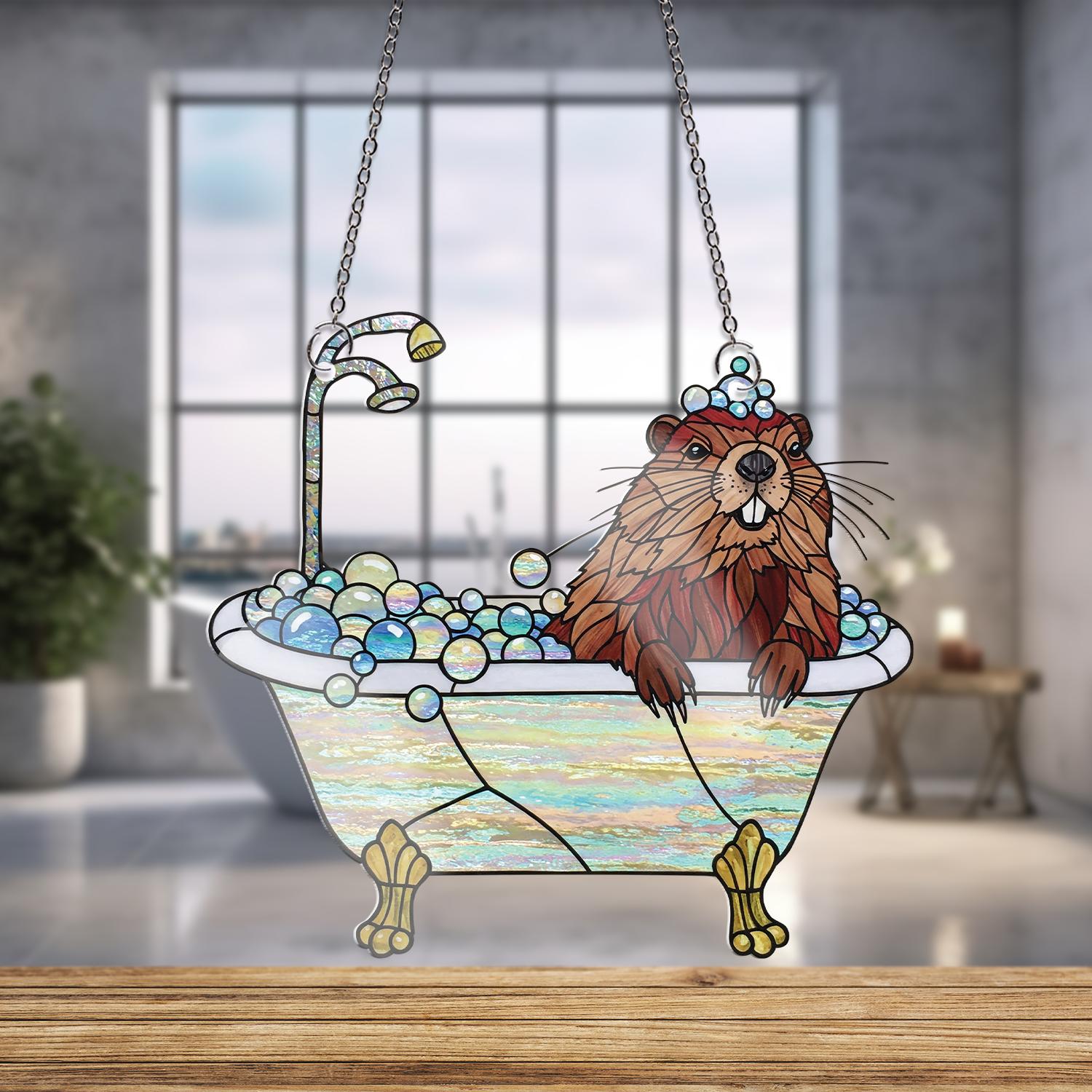 Groundhog Chilling In Bathtub ACRYLIC Window Hanging, Groundhog Lover Decor, Funny Bathroom Decor, Animal Decor, Gift For Her, Animal Gift