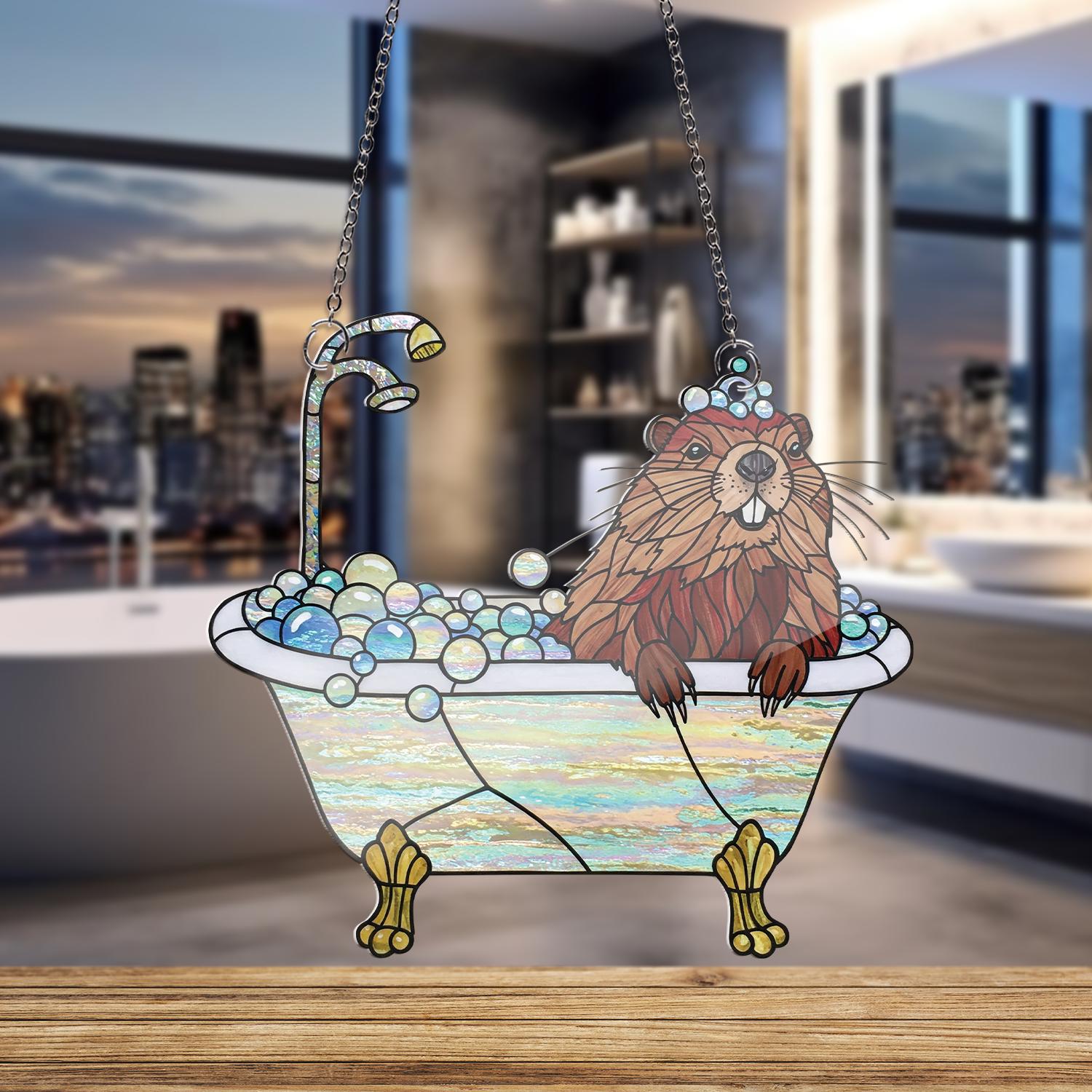 Groundhog Chilling In Bathtub ACRYLIC Window Hanging, Groundhog Lover Decor, Funny Bathroom Decor, Animal Decor, Gift For Her, Animal Gift