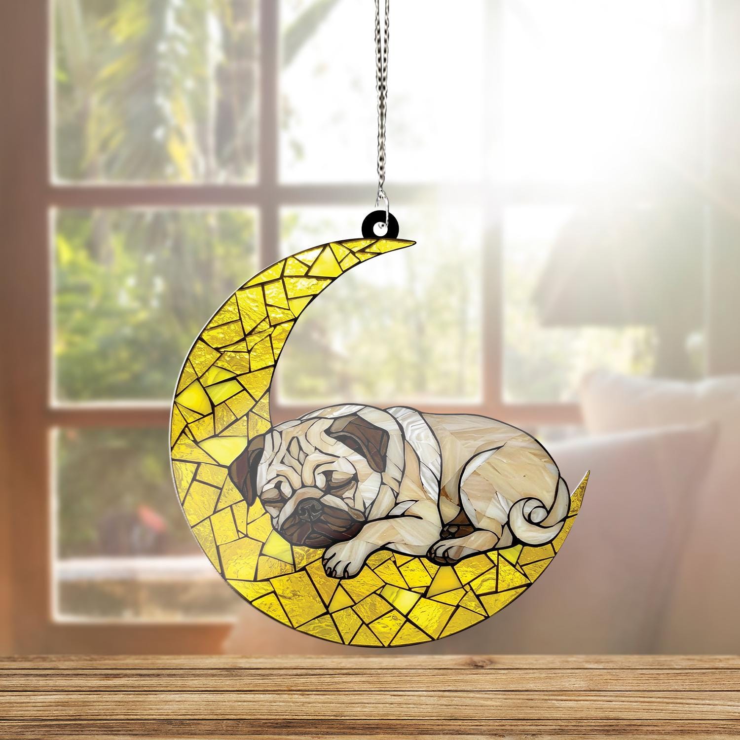 Pug Sleeping On Crescent Moon ACRYLIC Window Hanging, Pug Window Decor, Pug memorial Gift, Pug Gift, Loss Of Dog, Dog Mom Gift,Dog Mom Decor