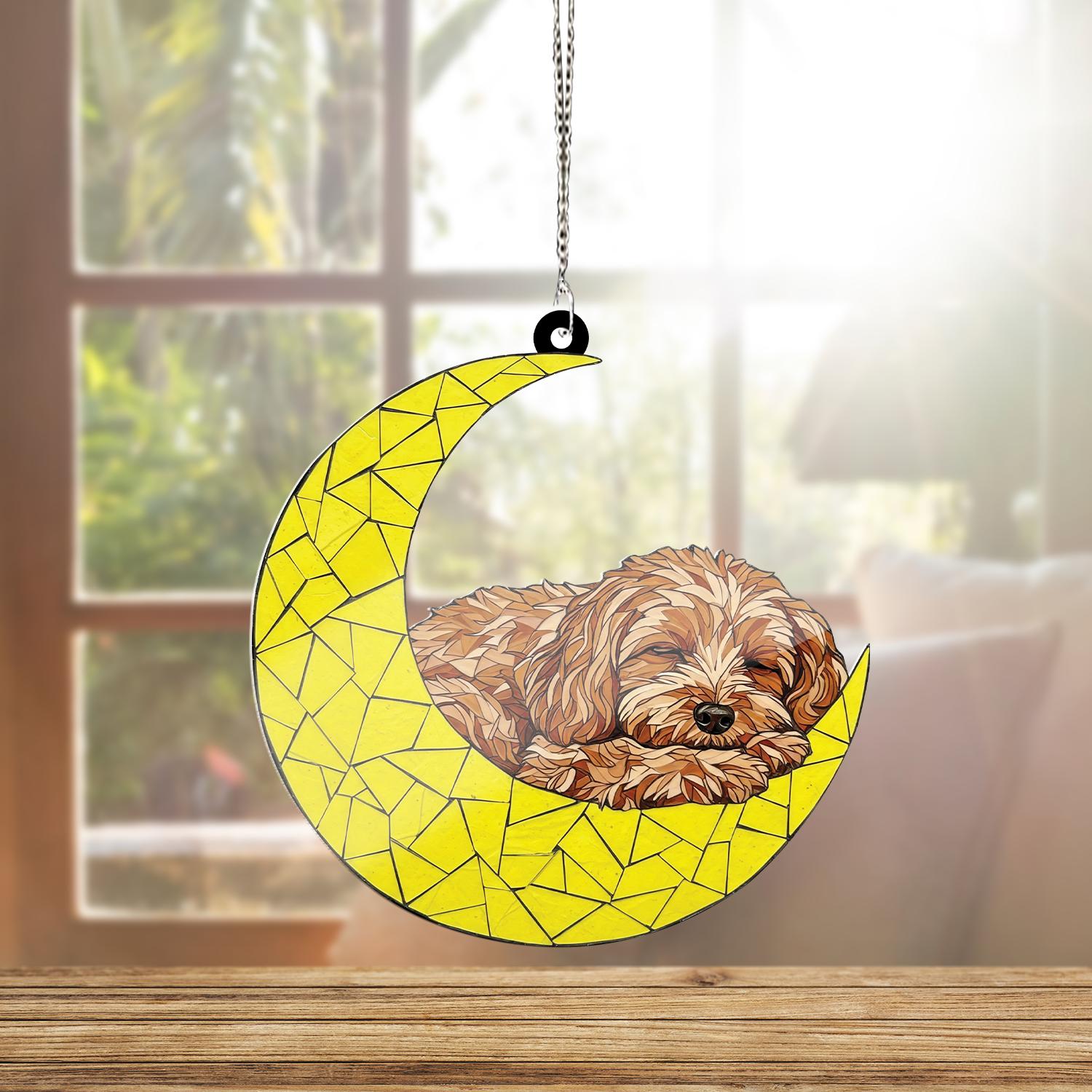 Cavapoo Sleeping On Crescent Moon ACRYLIC Window Hanging, Cavapoo Window Decor, Cavapoo  memorial Gift,  Loss Of Dog, Dog Mom Gift