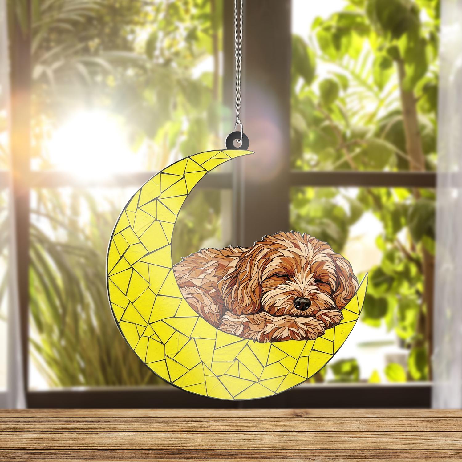 Cavapoo Sleeping On Crescent Moon ACRYLIC Window Hanging, Cavapoo Window Decor, Cavapoo  memorial Gift,  Loss Of Dog, Dog Mom Gift