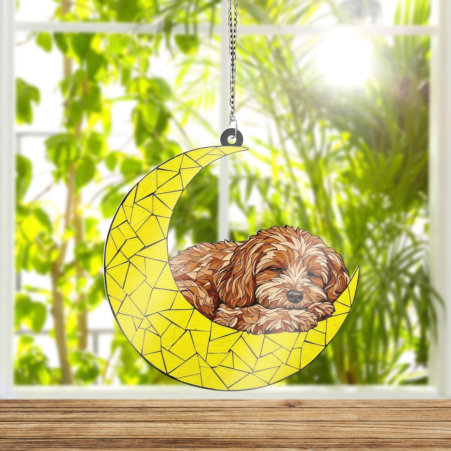 Cavapoo Sleeping On Crescent Moon ACRYLIC Window Hanging, Cavapoo Window Decor, Cavapoo  memorial Gift,  Loss Of Dog, Dog Mom Gift