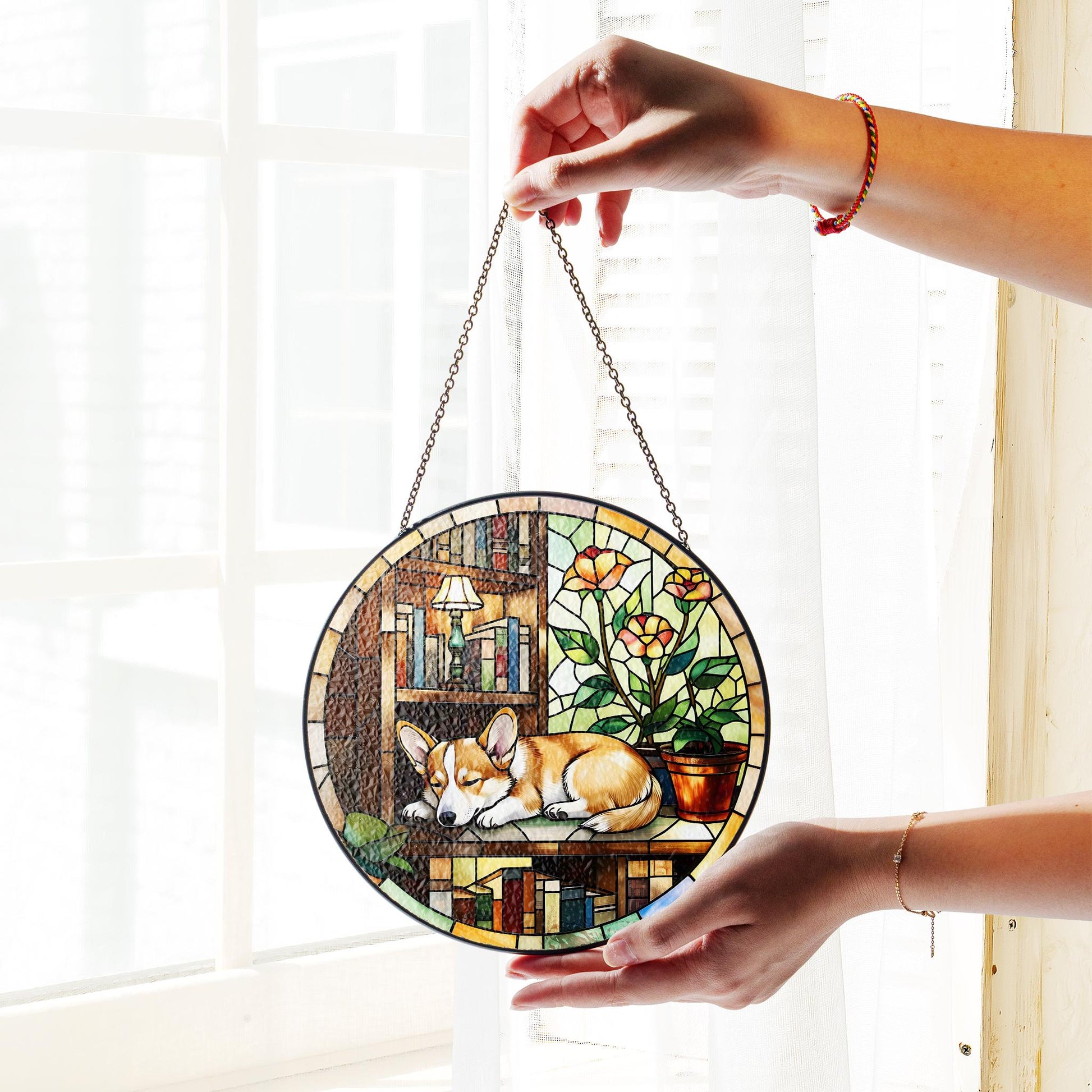 Corgi sleeping On Bookshelf GLASS Suncatcher Hanging, Window Decor, Book Lover Gift, Book FAUX Stain Glass, Librarian Gift