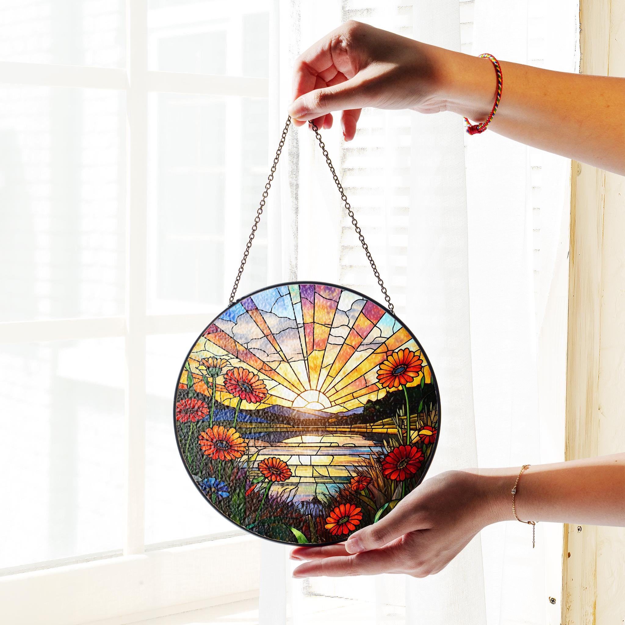 Gerbera Daisy Flowers sunset GLASS Suncatcher Hanging, Flower landscape sunset glass, Window hanging, Suncatcher ornament, Mother's day gift