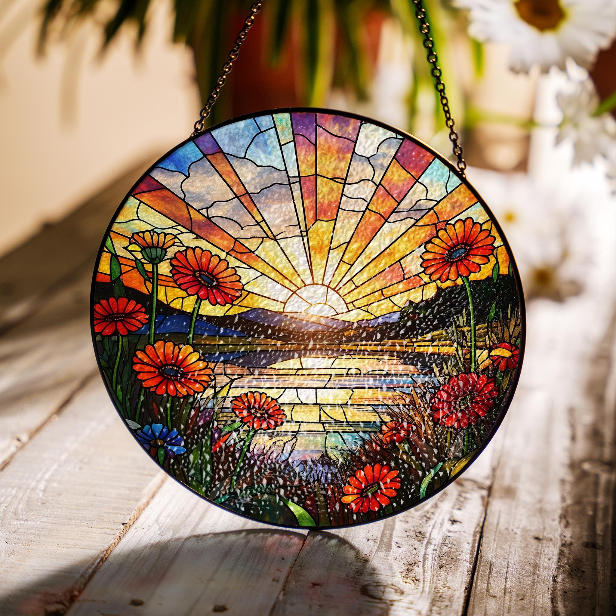 Gerbera Daisy Flowers sunset GLASS Suncatcher Hanging, Flower landscape sunset glass, Window hanging, Suncatcher ornament, Mother's day gift