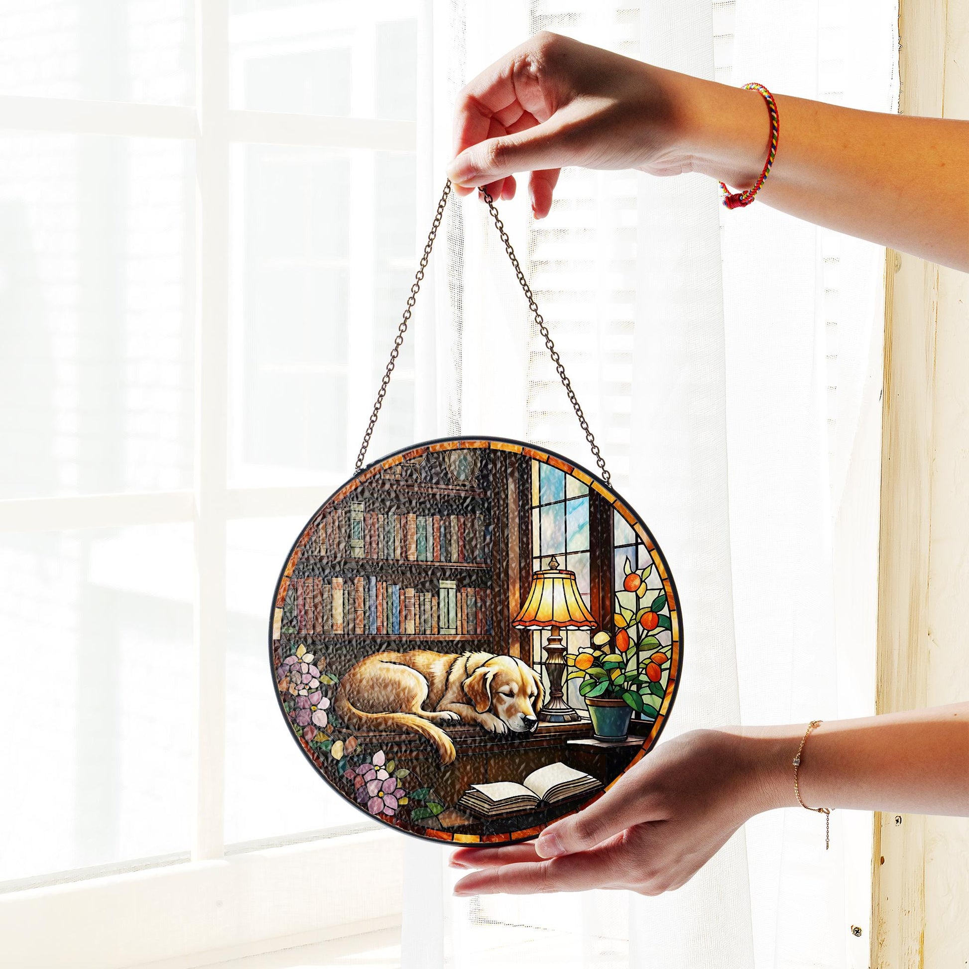 Golden Retriever sleeping On Bookshelf GLASS Suncatcher Hanging, Window Decor, Book Lover Gift, Book FAUX Stain Glass, Librarian Gift