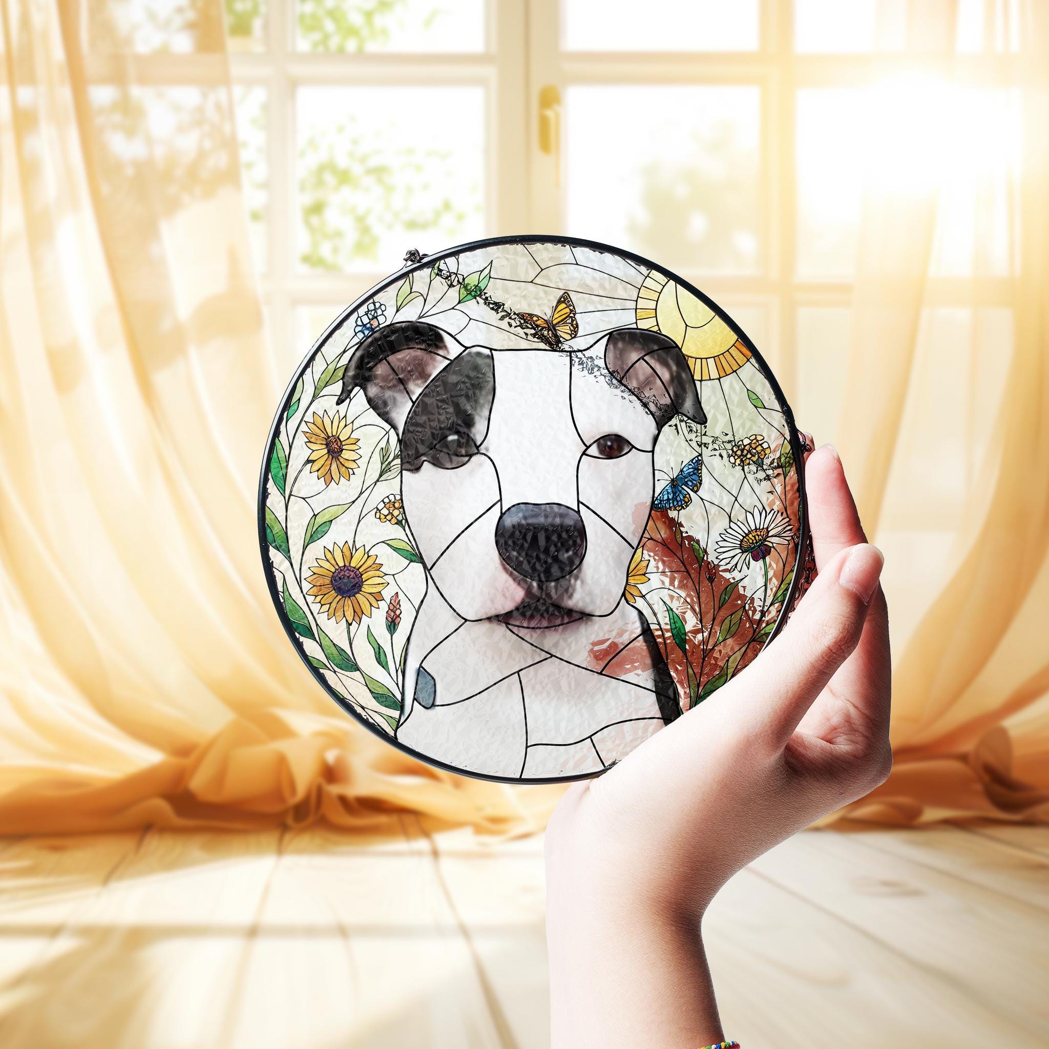 Personalized Dog Wildflowers Portrait Glass Suncatcher, Glass Pet Memorial, Custom Dog Portrait from Photo, Sympathy Gifts, dog mom gift