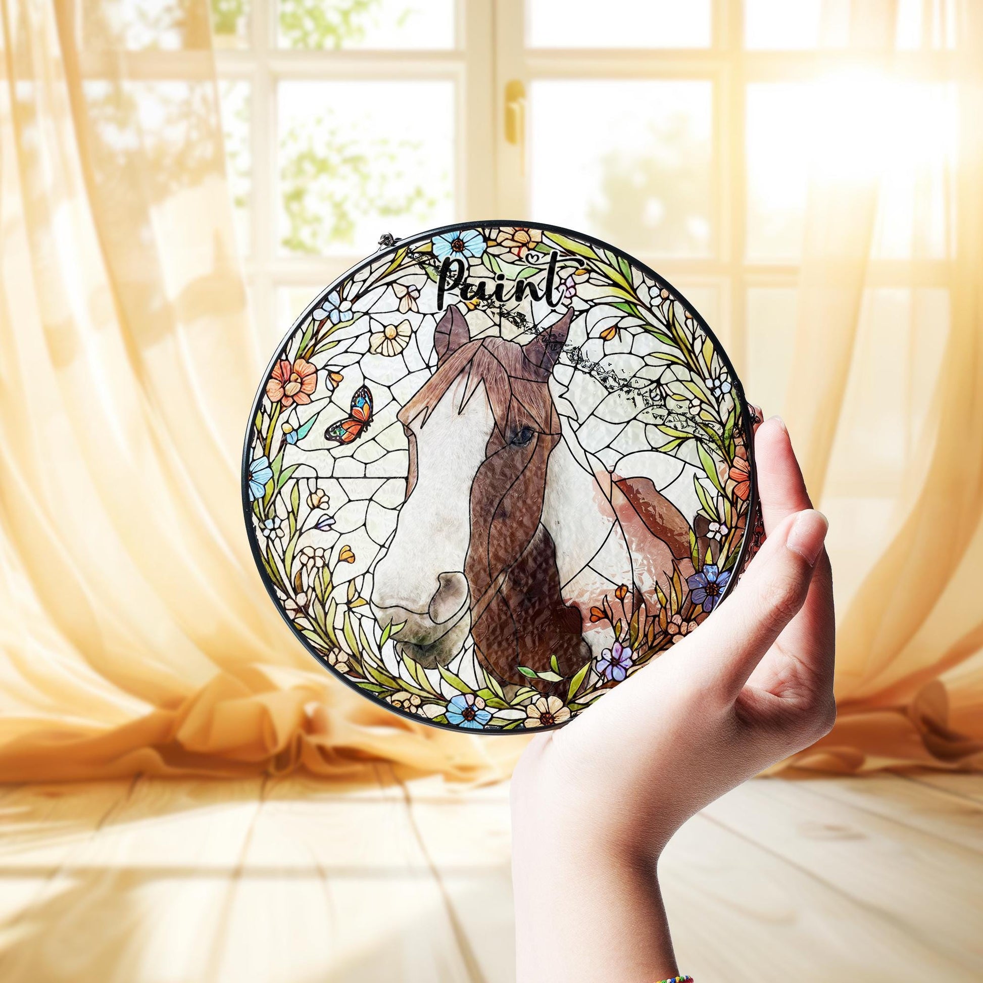 Personalized Phot Horse Wildflowers Portrait Glass Suncatcher, Glass Pet Memorial, Custom Pet Portrait from Photo, Sympathy Gifts