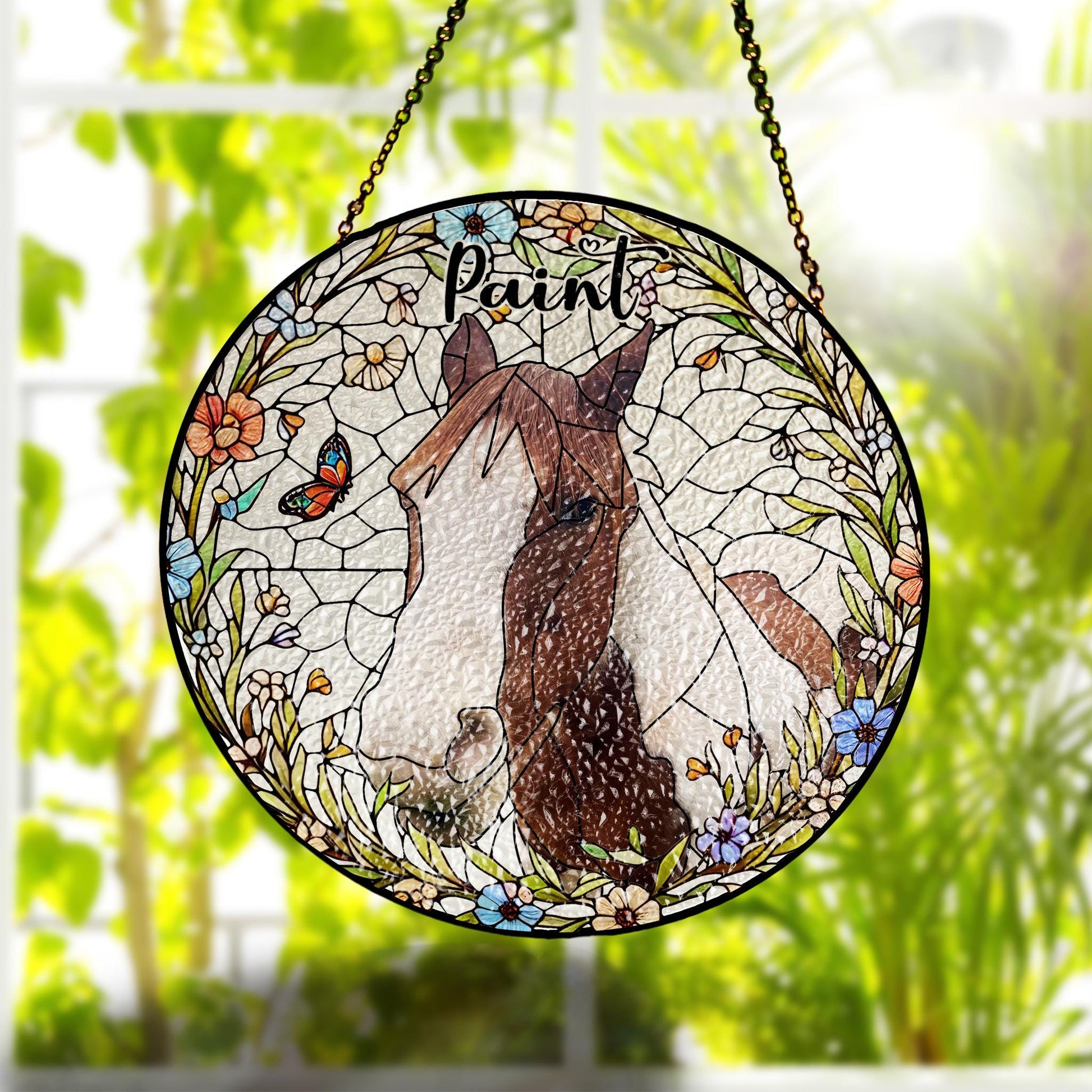 Personalized Phot Horse Wildflowers Portrait Glass Suncatcher, Glass Pet Memorial, Custom Pet Portrait from Photo, Sympathy Gifts