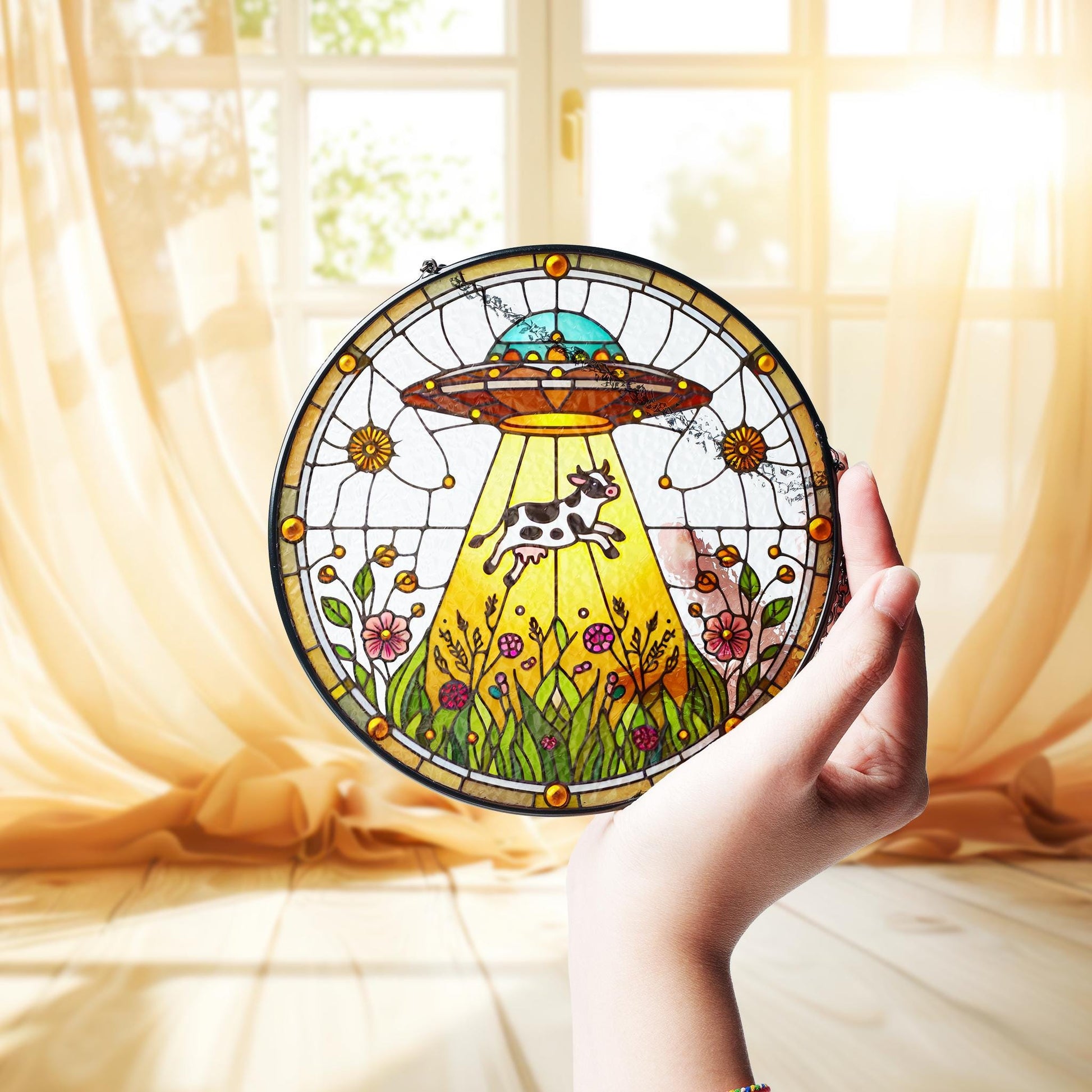 Funny Ufo Abducted Cow glass hanging, Funny ufo wildflower suncatcher, Funny cow meme, farmhouse decor, quirky home decoration