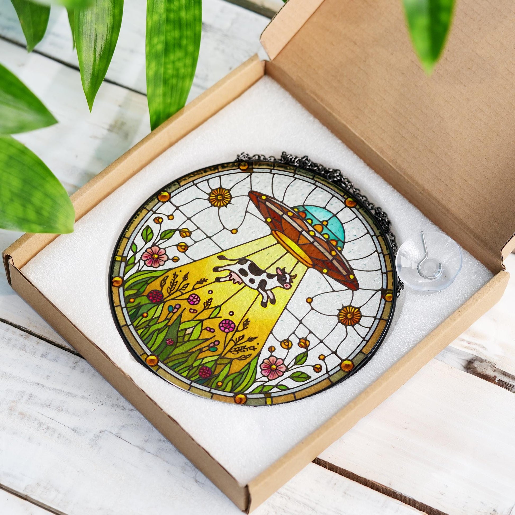 Funny Ufo Abducted Cow glass hanging, Funny ufo wildflower suncatcher, Funny cow meme, farmhouse decor, quirky home decoration