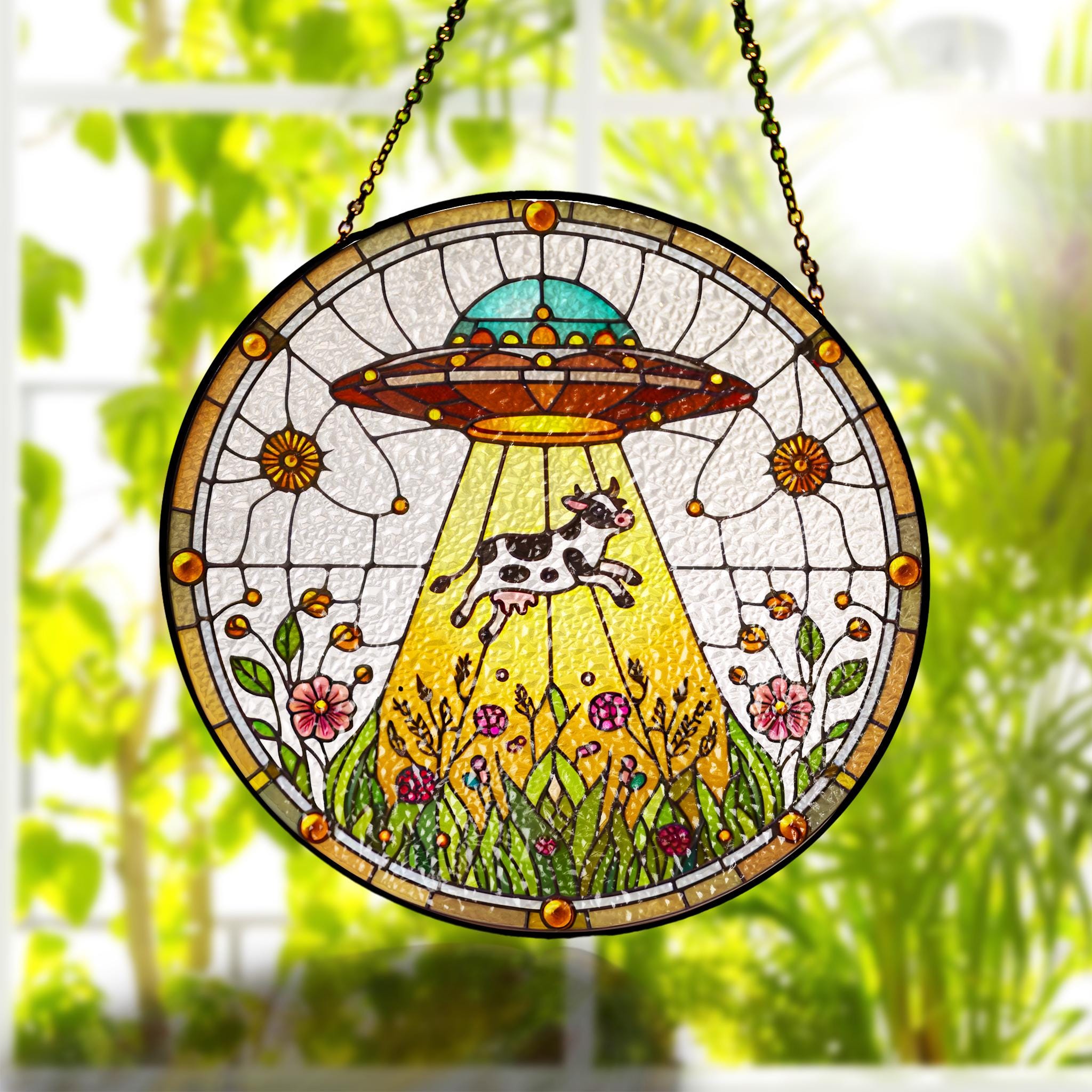 Funny Ufo Abducted Cow glass hanging, Funny ufo wildflower suncatcher, Funny cow meme, farmhouse decor, quirky home decoration