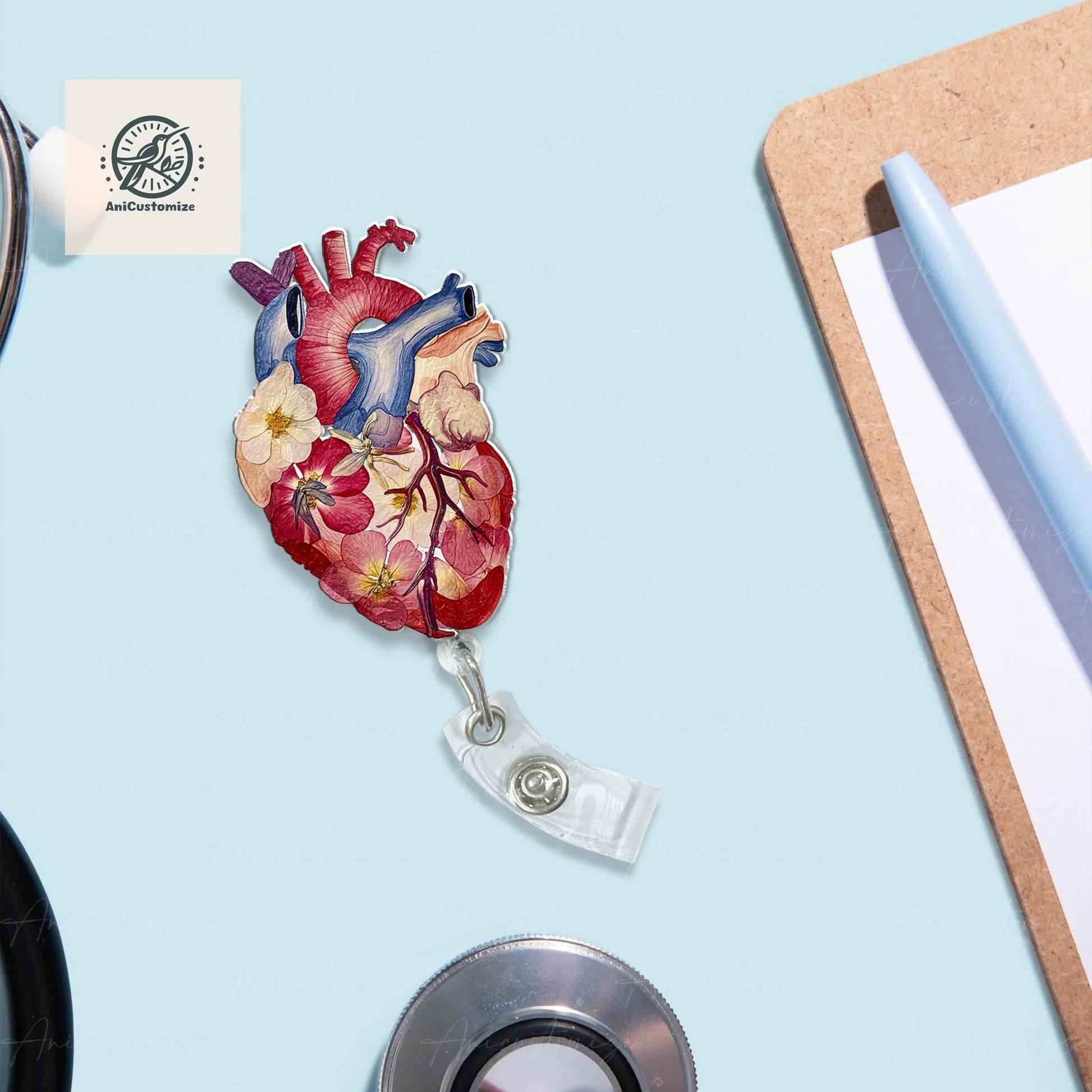 Floral Anatomical Heart Acrylic Badge Reel, Heart Doctor Gift, Heart Surgeon Gift, Cardiologist Gift Idea, Medical Gift, Cardiac Nurse Gift