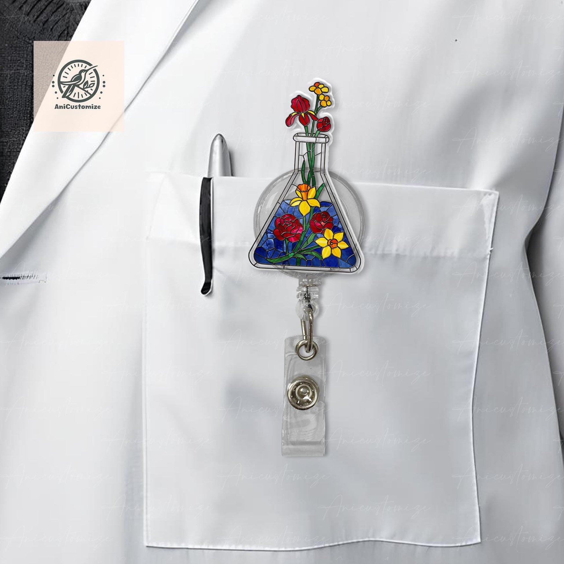 Floral Flask Faux Stain Glass Badge Reel, Chemistry Lover Badge Reel, Scientist Gift, Science Lover, Science Teacher Gift, Teacher Id Holder