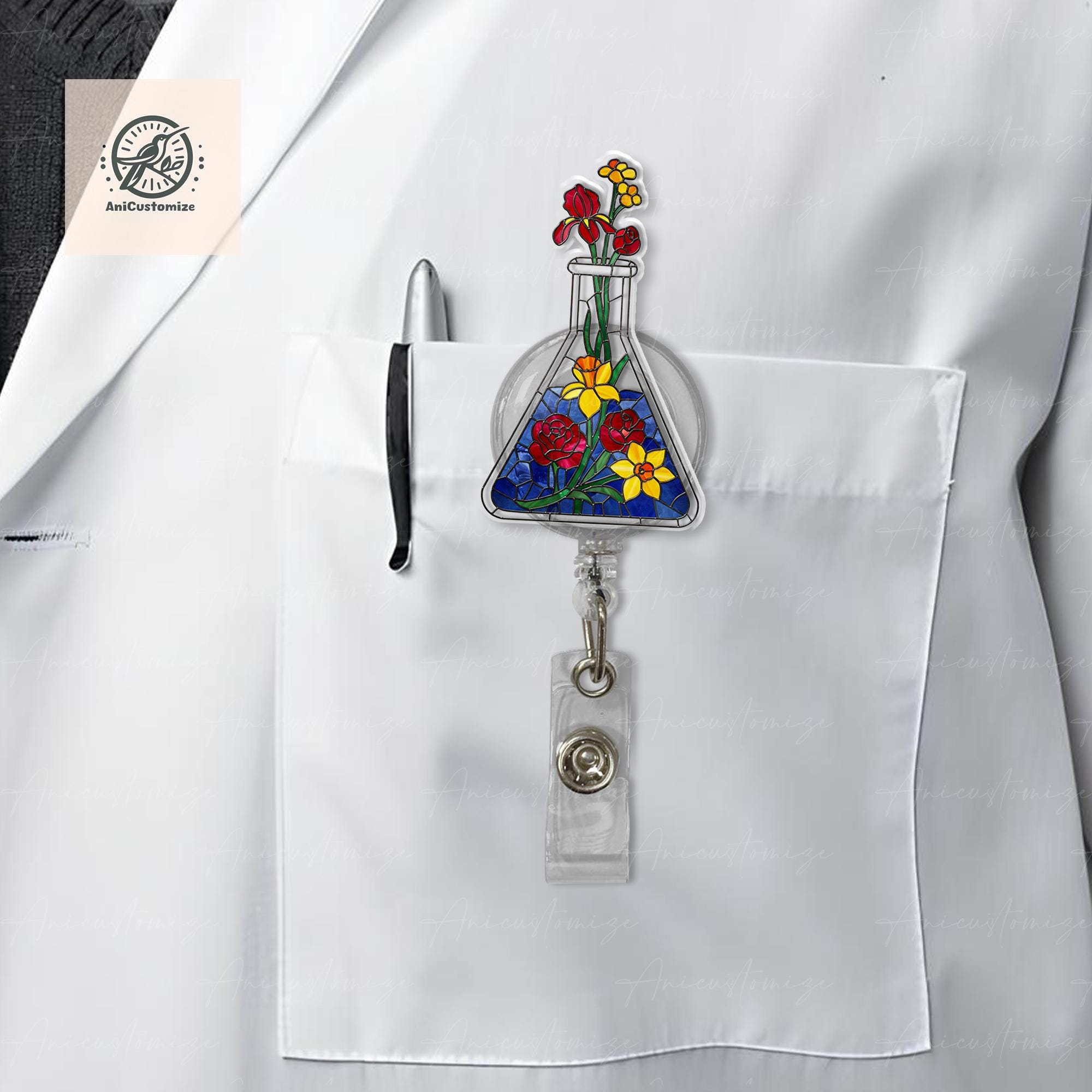 Floral Flask Faux Stain Glass Badge Reel, Chemistry Lover Badge Reel, Scientist Gift, Science Lover, Science Teacher Gift, Teacher Id Holder