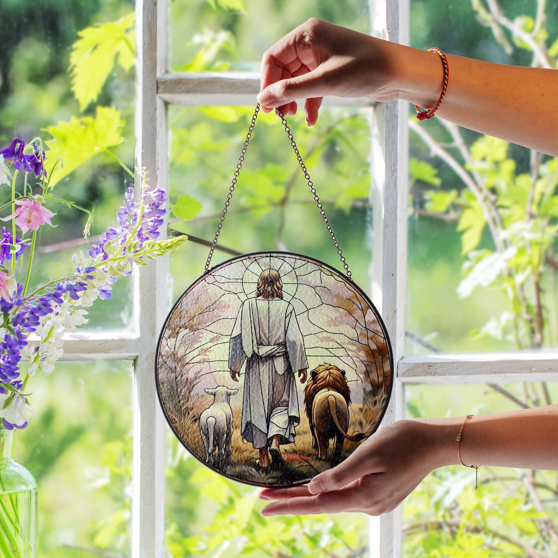 Jesus Lion and Lamb walking Glass Suncatcher, Lion and lamb, Christian Art Suncatcher, God Art Sign, Christian Gift, Catholic Glass hanging