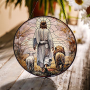Jesus Lion and Lamb walking Glass Suncatcher, Lion and lamb, Christian Art Suncatcher, God Art Sign, Christian Gift, Catholic Glass hanging