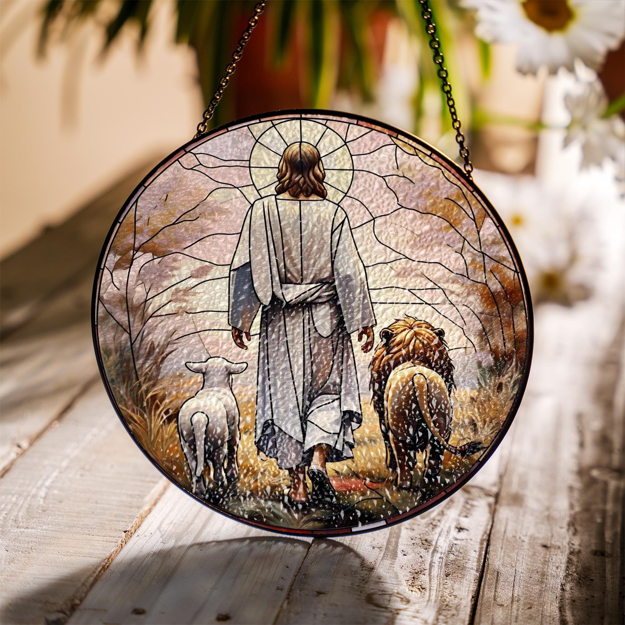 Jesus Lion and Lamb walking Glass Suncatcher, Lion and lamb, Christian Art Suncatcher, God Art Sign, Christian Gift, Catholic Glass hanging