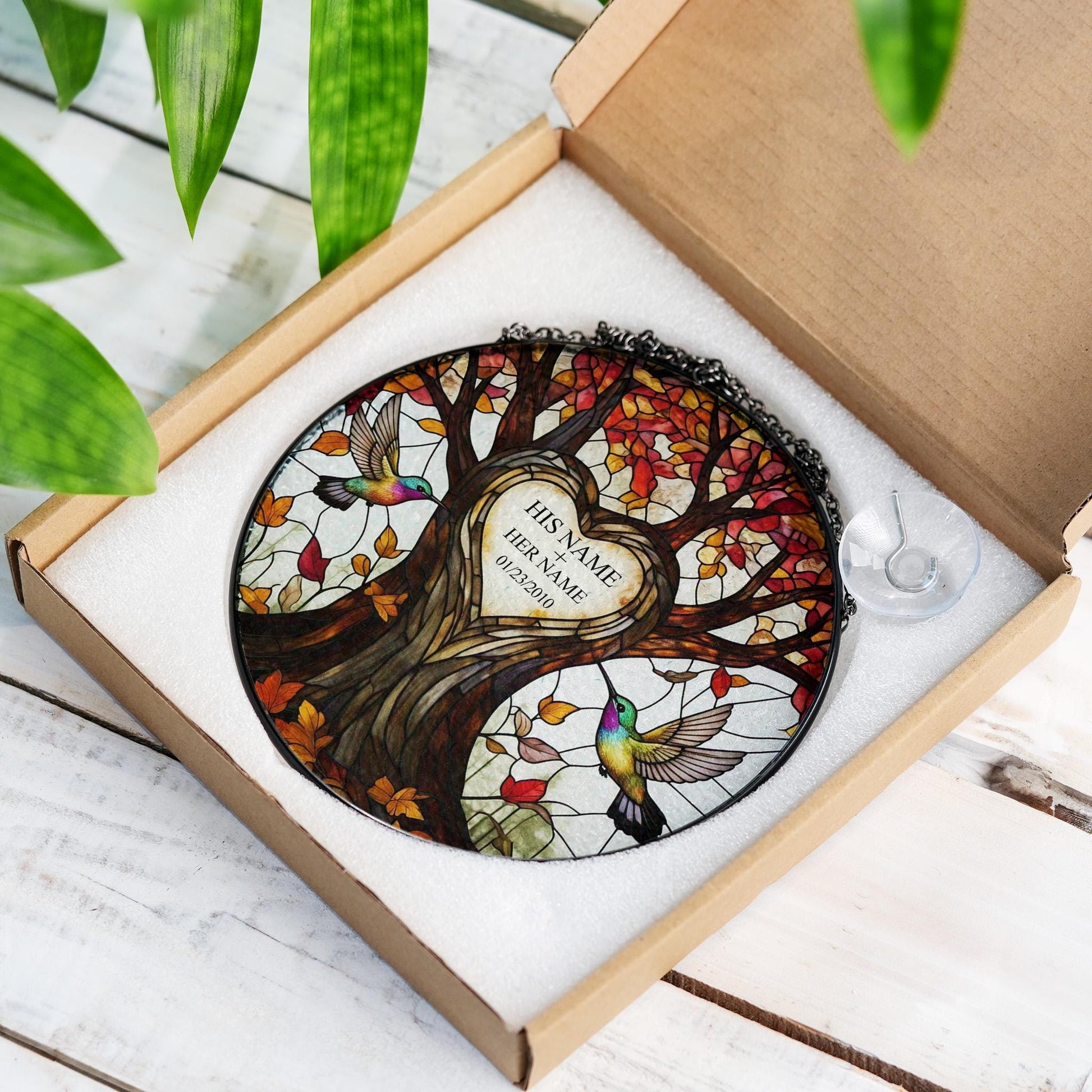 Personalized Tree of life anniversary GLASS Suncatcher Hanging - Wedding Anniversary gift, Hummingbird lovers gift for husband wife