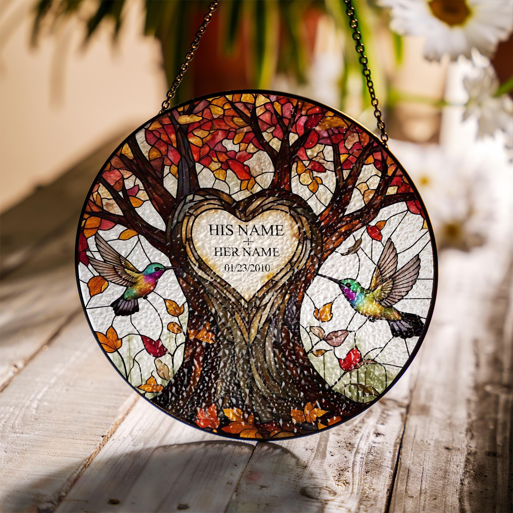 Personalized Tree of life anniversary GLASS Suncatcher Hanging - Wedding Anniversary gift, Hummingbird lovers gift for husband wife