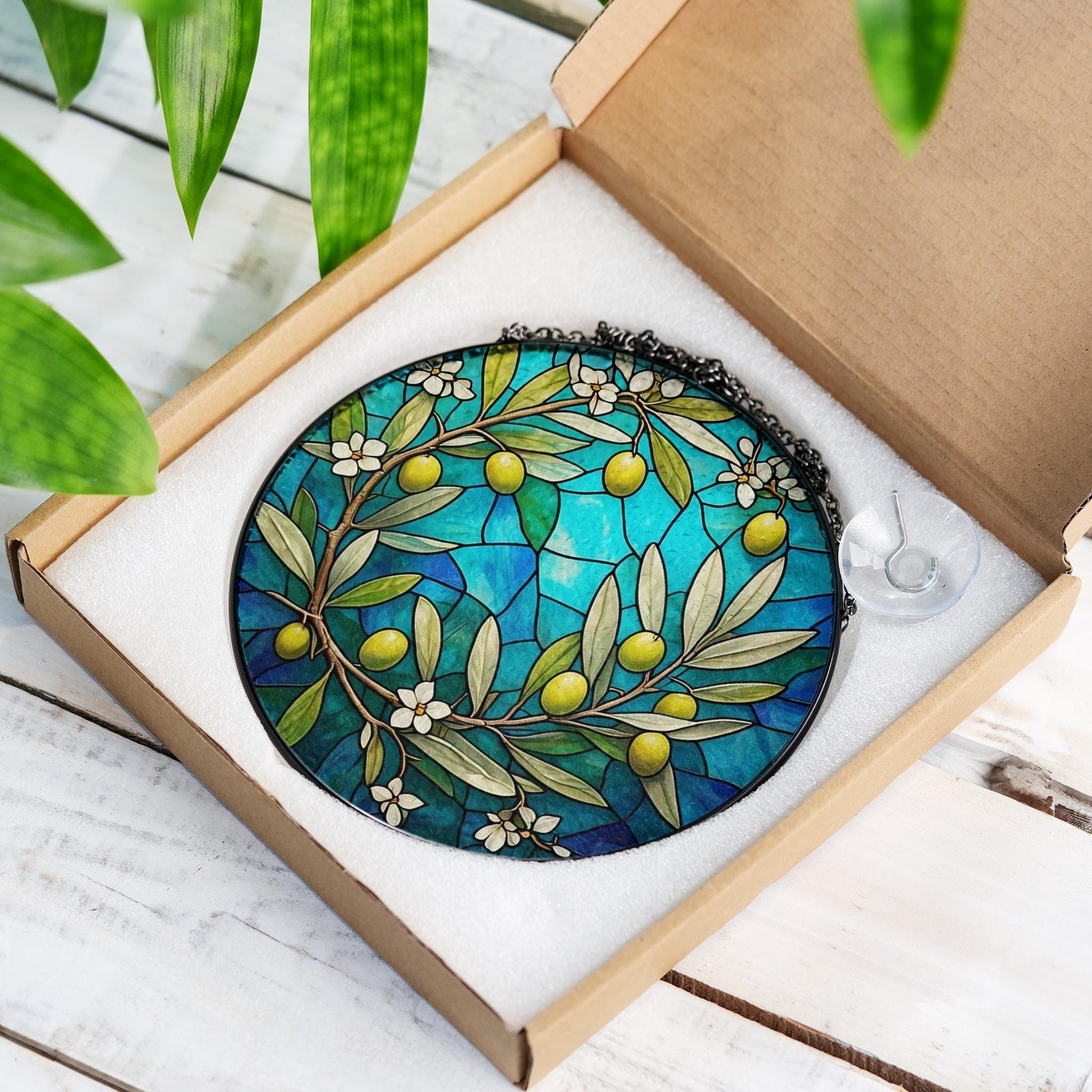 Olive Branch GLASS Suncatcher, Olive Lover Decor, Natural Home Decor, Suncatcher Gift, Garden Decor, Yard Decor, Gift For Mom, Housewarming