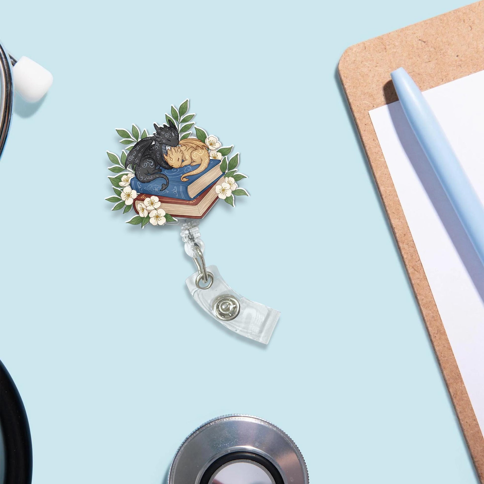 Fantasy Bookish Badge Reel, 4th Wing Dragon Badge Reel, Book Lover Gift, ID Holder, Badge Clip for Reader, Fantasy Dragon Badge Reel
