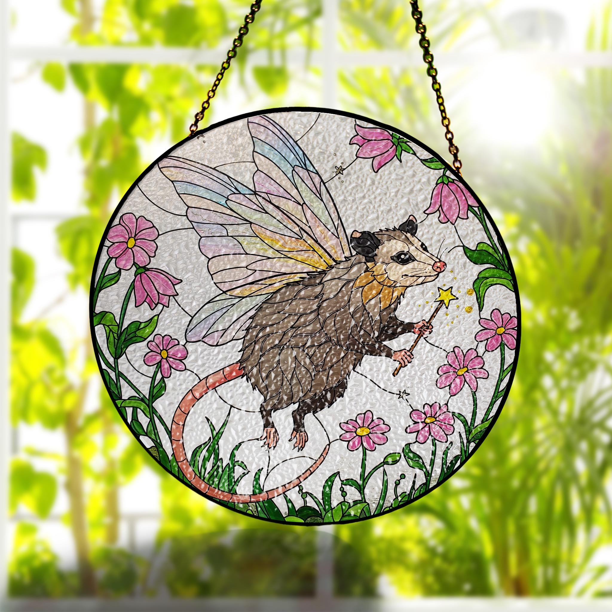 fairy Godpossum among wildflowers GLASS Suncatcher Hanging, Cute opossum,fairy opossum suncatcher hanging, god possum window hanging