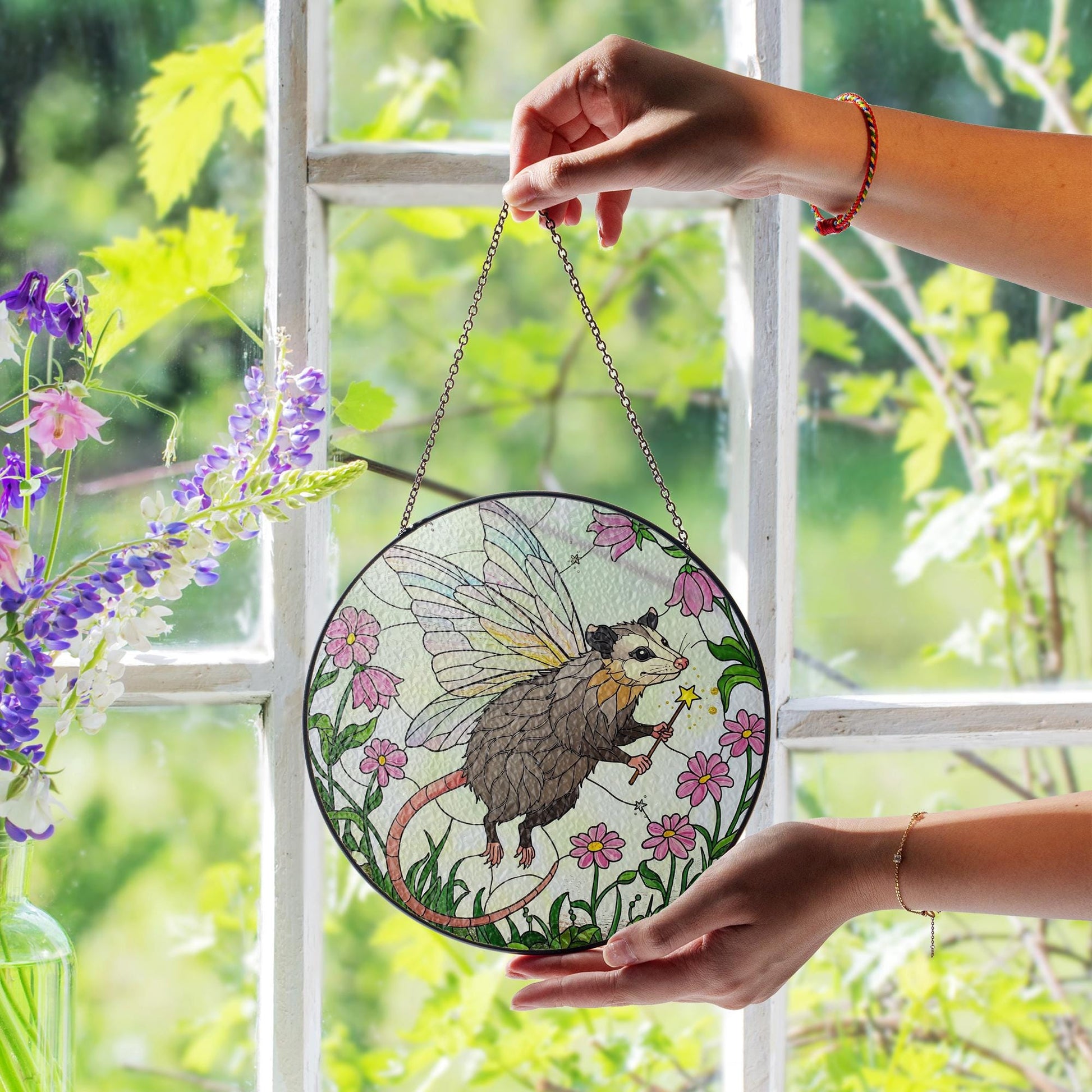 fairy Godpossum among wildflowers GLASS Suncatcher Hanging, Cute opossum,fairy opossum suncatcher hanging, god possum window hanging