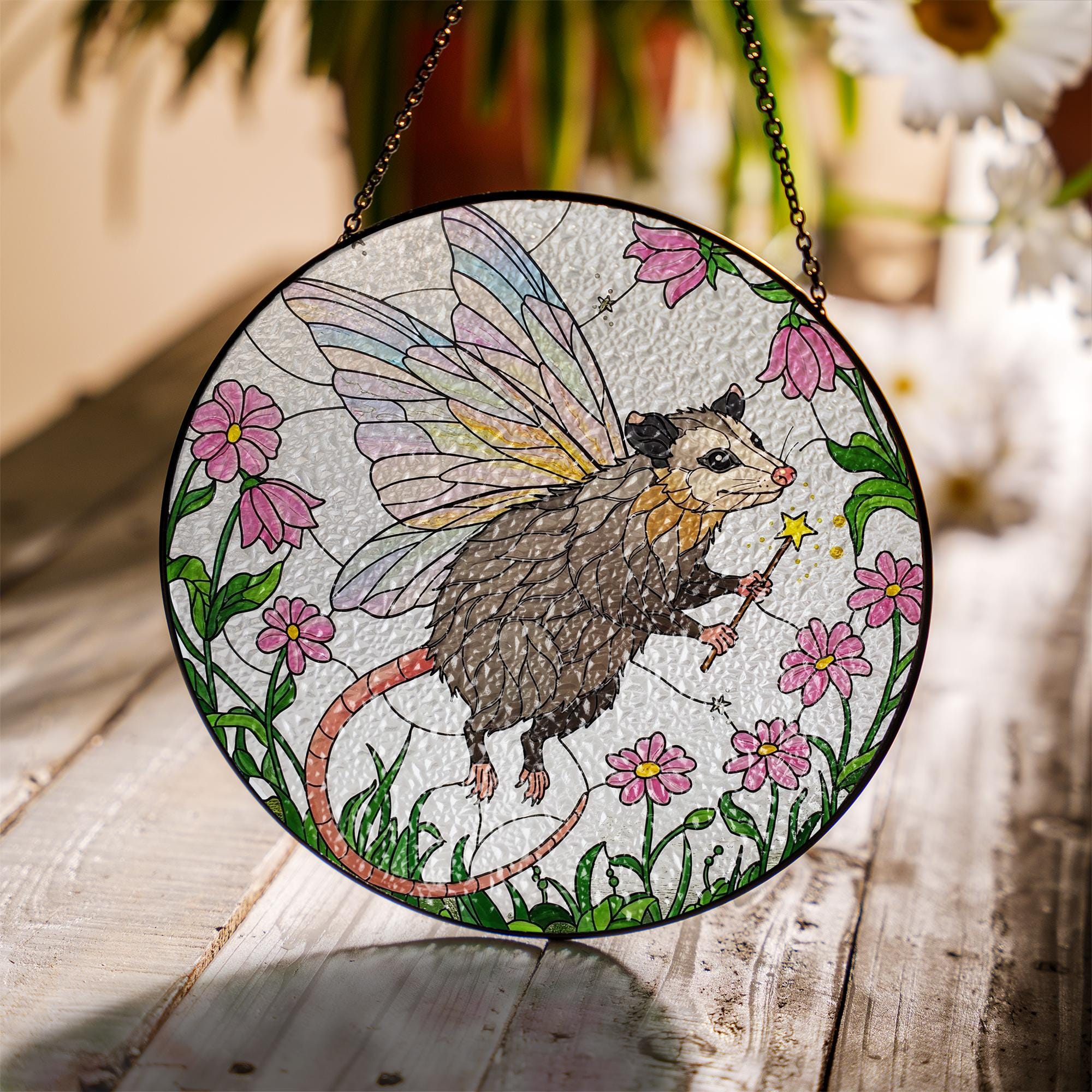 fairy Godpossum among wildflowers GLASS Suncatcher Hanging, Cute opossum,fairy opossum suncatcher hanging, god possum window hanging