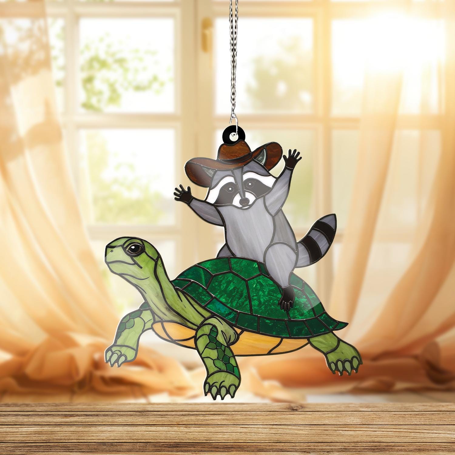 Raccoon Cowboy Riding Turtle ACRYLIC Window Hanging, Funny Raccoon Decor, Funny Animal Decor, Funny Gift Idea, Turtle Decor, Funny Cowboy