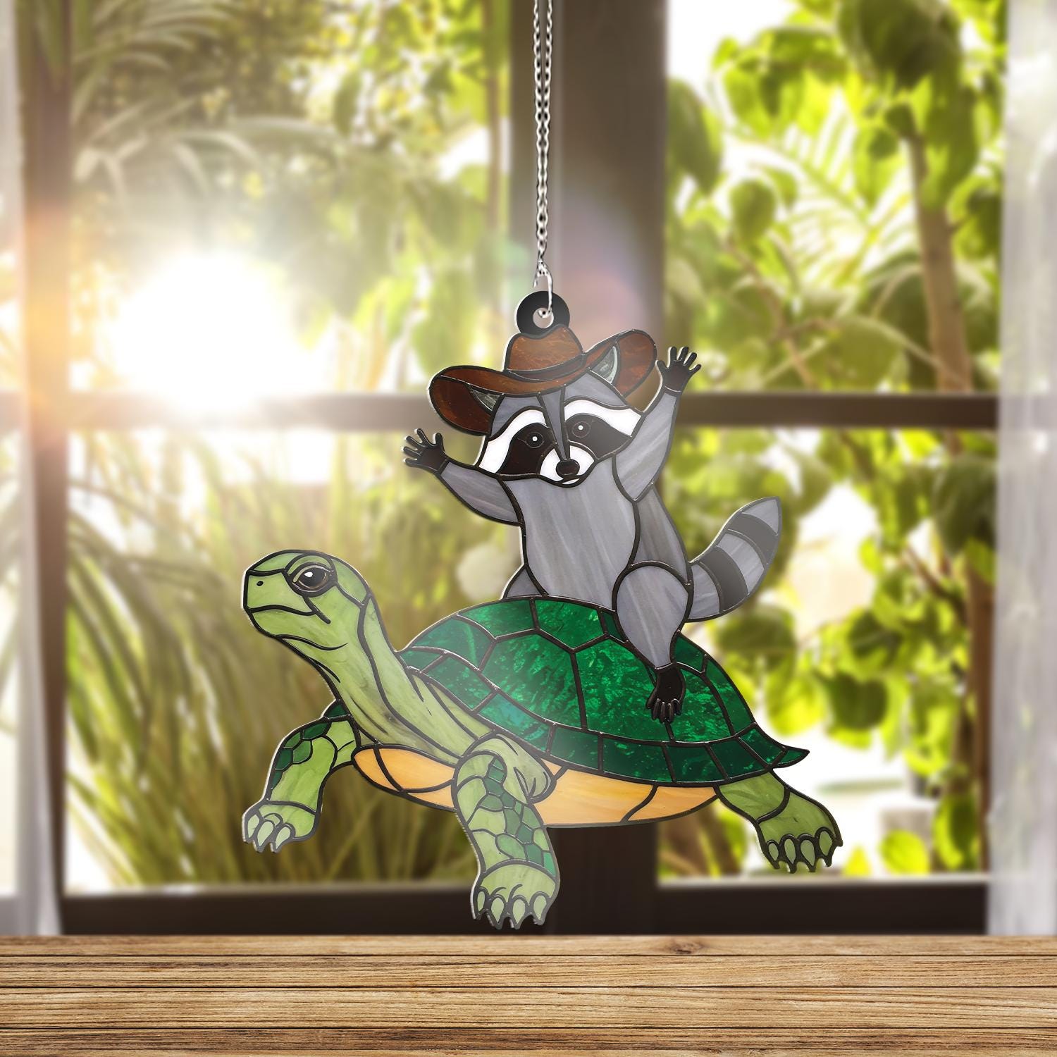 Raccoon Cowboy Riding Turtle ACRYLIC Window Hanging, Funny Raccoon Decor, Funny Animal Decor, Funny Gift Idea, Turtle Decor, Funny Cowboy