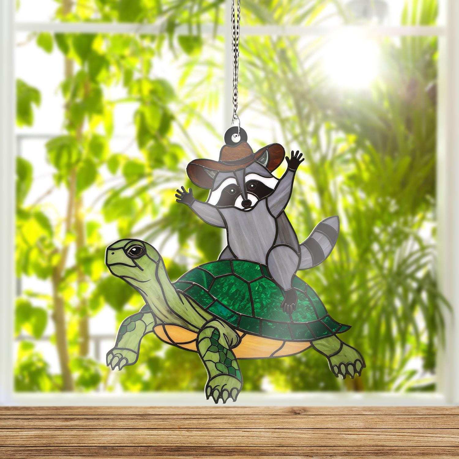 Raccoon Cowboy Riding Turtle ACRYLIC Window Hanging, Funny Raccoon Decor, Funny Animal Decor, Funny Gift Idea, Turtle Decor, Funny Cowboy