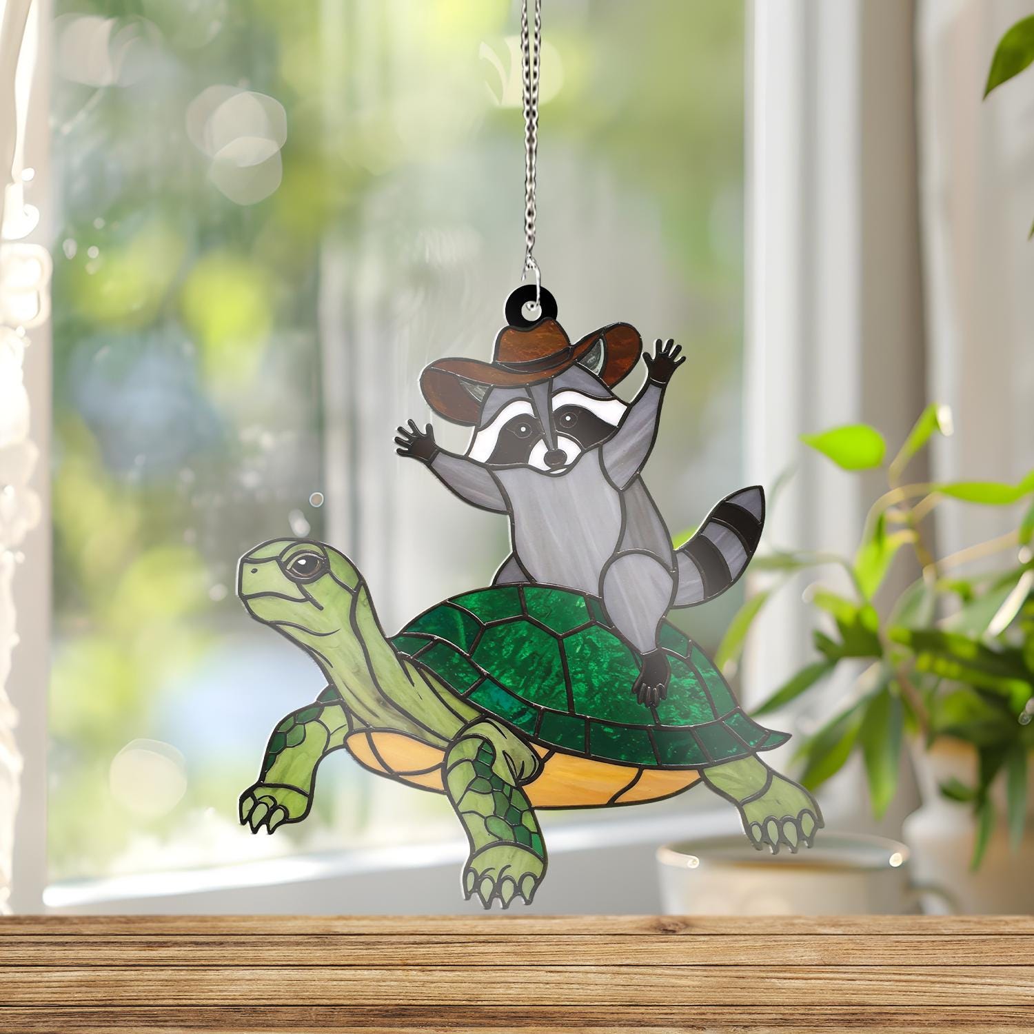 Raccoon Cowboy Riding Turtle ACRYLIC Window Hanging, Funny Raccoon Decor, Funny Animal Decor, Funny Gift Idea, Turtle Decor, Funny Cowboy