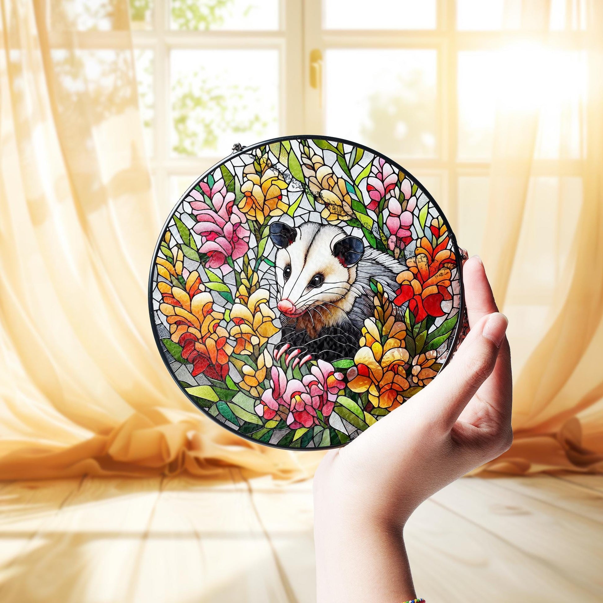 Opossum among snapdragon flowers GLASS Suncatcher Hanging, Cute opossum, opossum suncatcher hanging, snapdragon window hanging