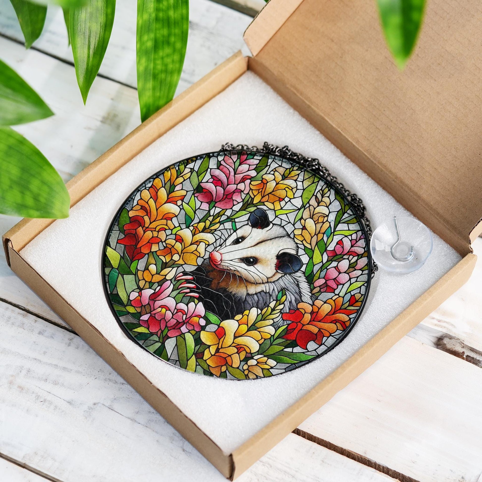 Opossum among snapdragon flowers GLASS Suncatcher Hanging, Cute opossum, opossum suncatcher hanging, snapdragon window hanging