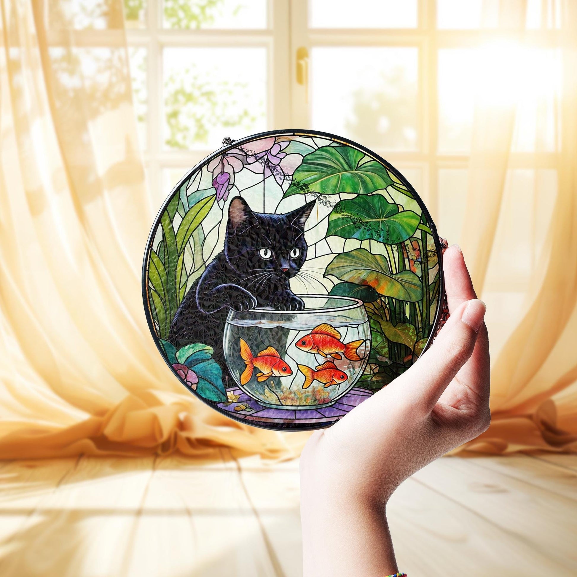 Goldfish With Black Cat Glass hanging, quirky glass suncatcher for fun home decor, perfect gift for black cat lovers and pet enthusiasts