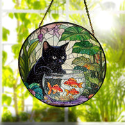 Goldfish With Black Cat Glass hanging, quirky glass suncatcher for fun home decor, perfect gift for black cat lovers and pet enthusiasts