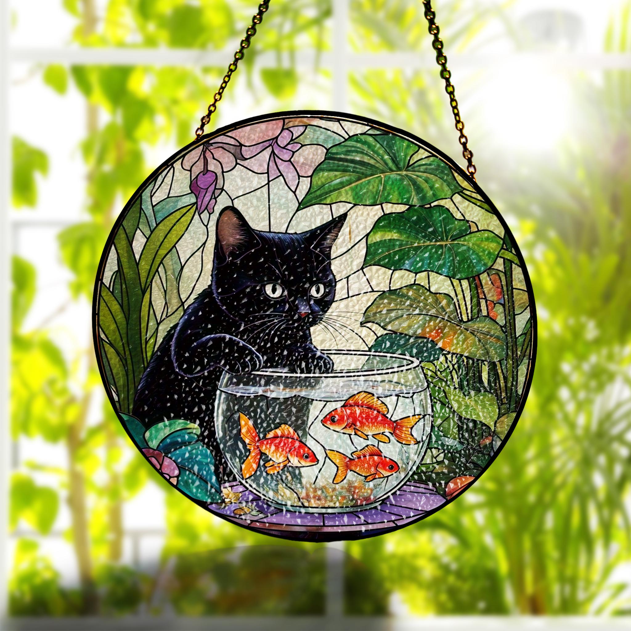 Goldfish With Black Cat Glass hanging, quirky glass suncatcher for fun home decor, perfect gift for black cat lovers and pet enthusiasts