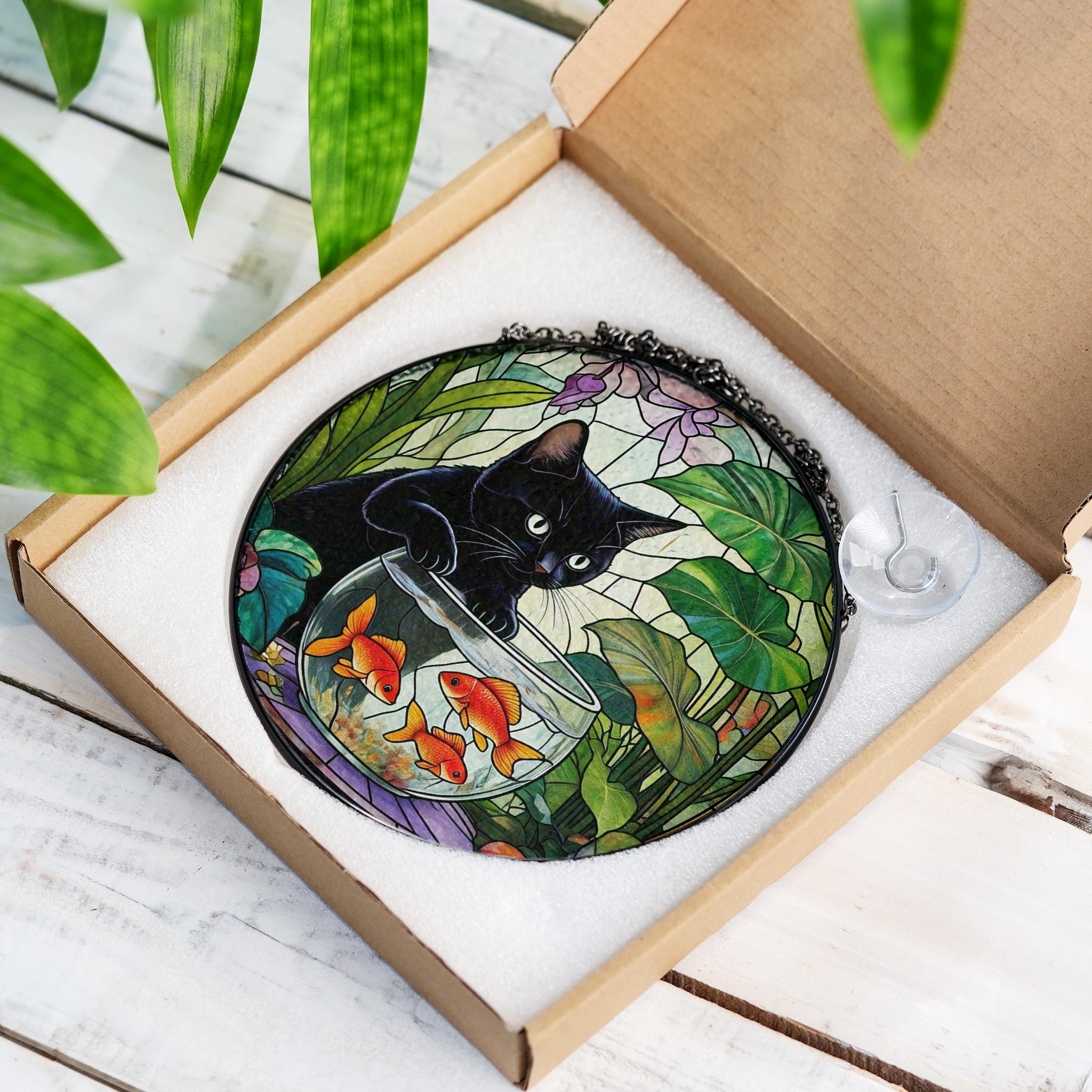 Goldfish With Black Cat Glass hanging, quirky glass suncatcher for fun home decor, perfect gift for black cat lovers and pet enthusiasts