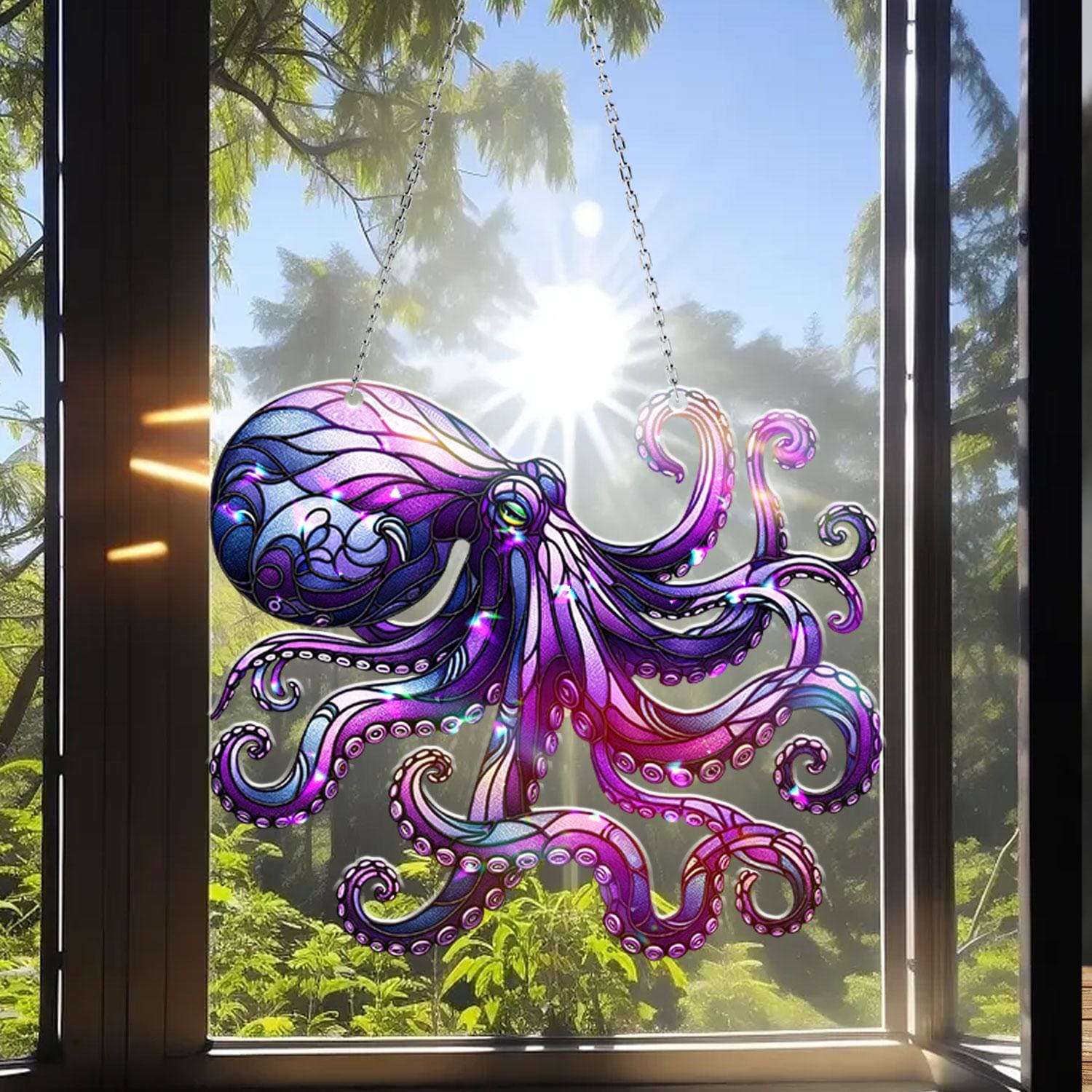 Purple Octopus Acrylic Decor, Eye-Catching Hologram Window Hanging for Coastal Vibes, Perfect Gift for Sea Life Lovers