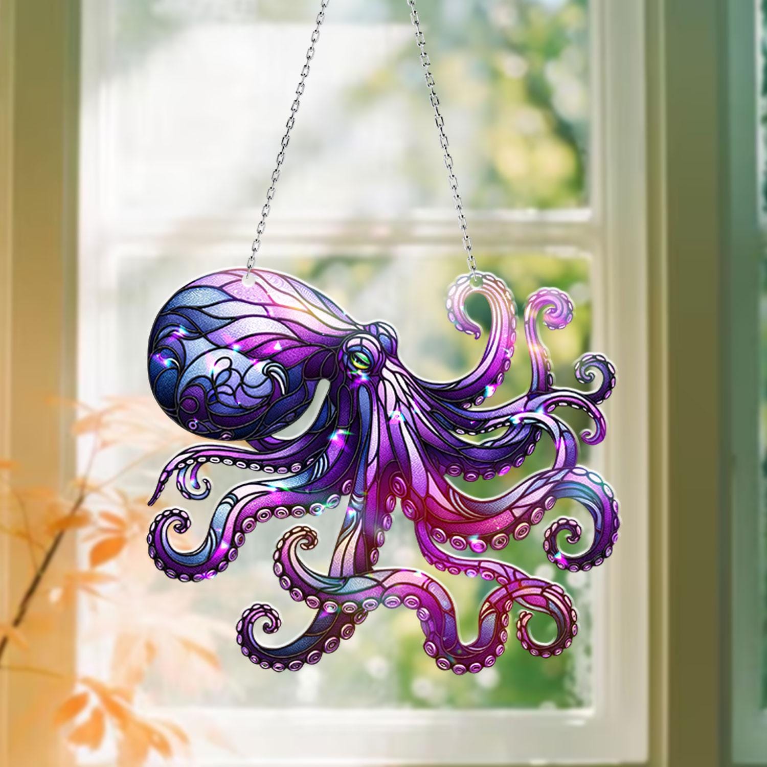 Purple Octopus Acrylic Decor, Eye-Catching Hologram Window Hanging for Coastal Vibes, Perfect Gift for Sea Life Lovers