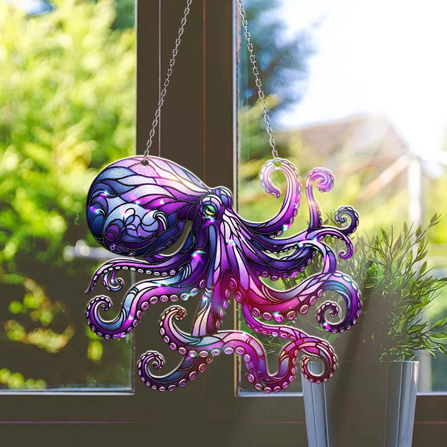 Purple Octopus Acrylic Decor, Eye-Catching Hologram Window Hanging for Coastal Vibes, Perfect Gift for Sea Life Lovers