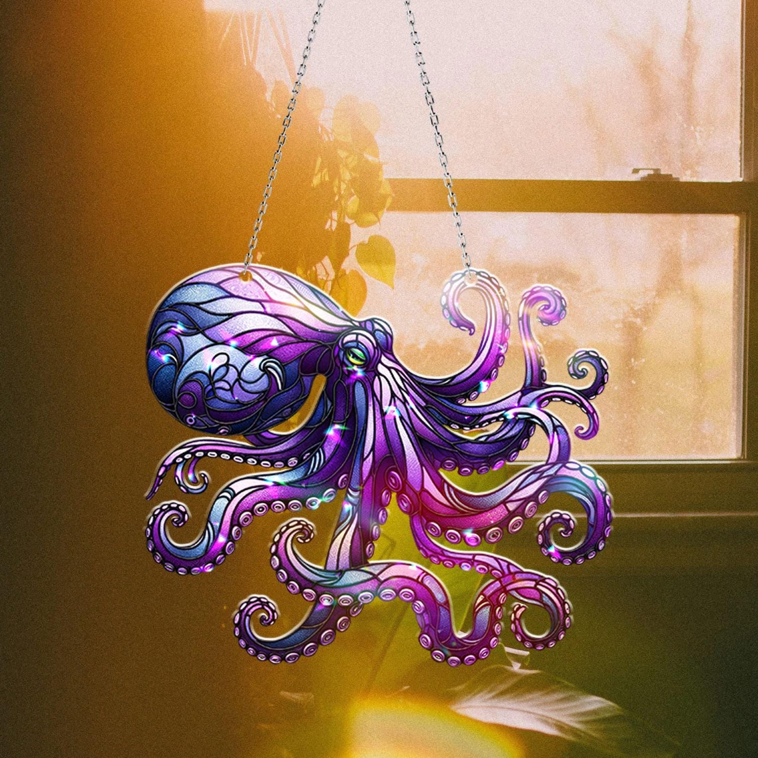 Purple Octopus Acrylic Decor, Eye-Catching Hologram Window Hanging for Coastal Vibes, Perfect Gift for Sea Life Lovers