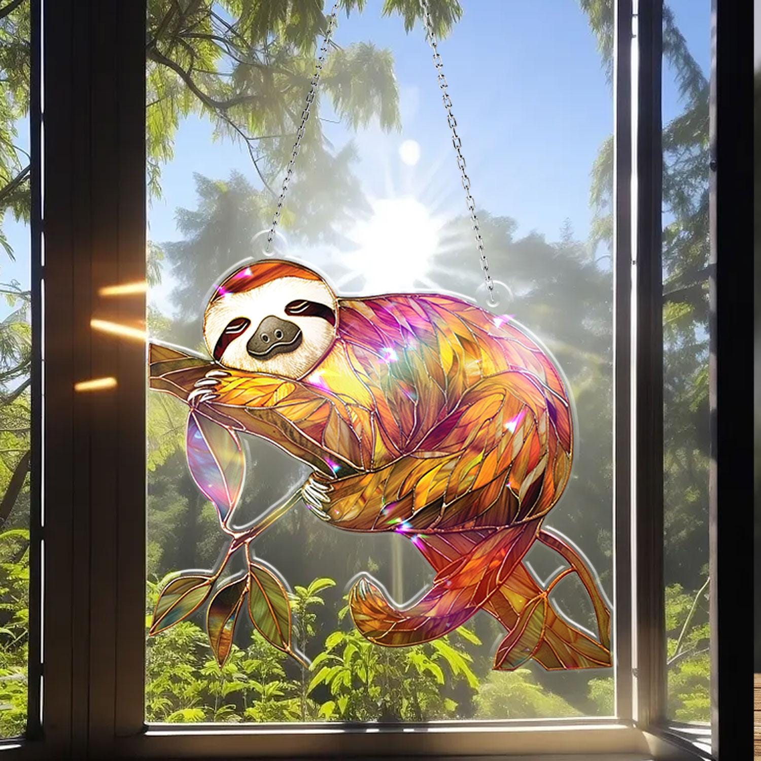Cute Sloth Sleeping On Branch Acrylic Window Hanging, Stunning Nature Sloth Hologram Decor for Cozy Home Gift